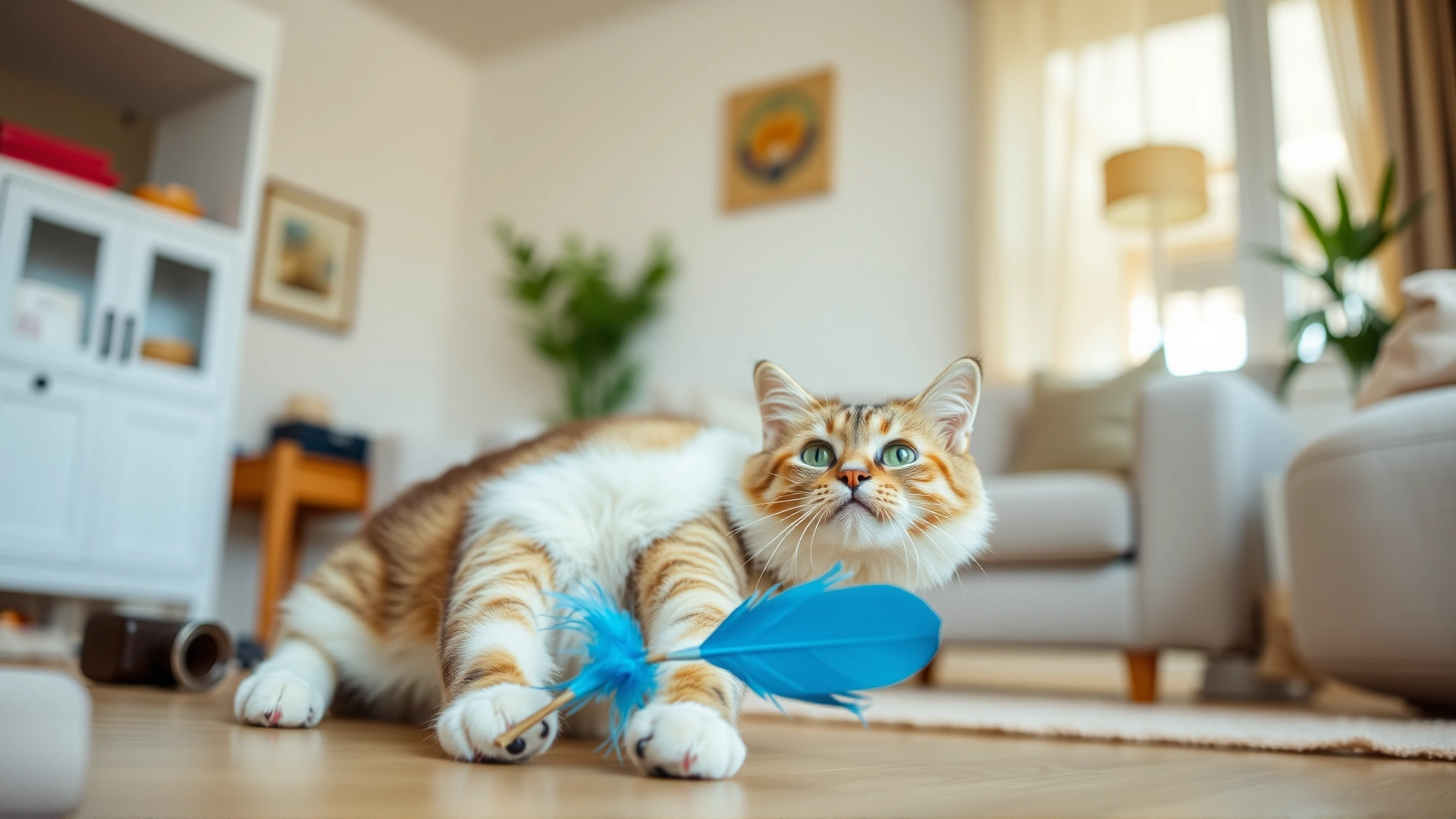 Healthy, active cat playing with a feather toy in a bright living room, symbolizing well-being and prevention