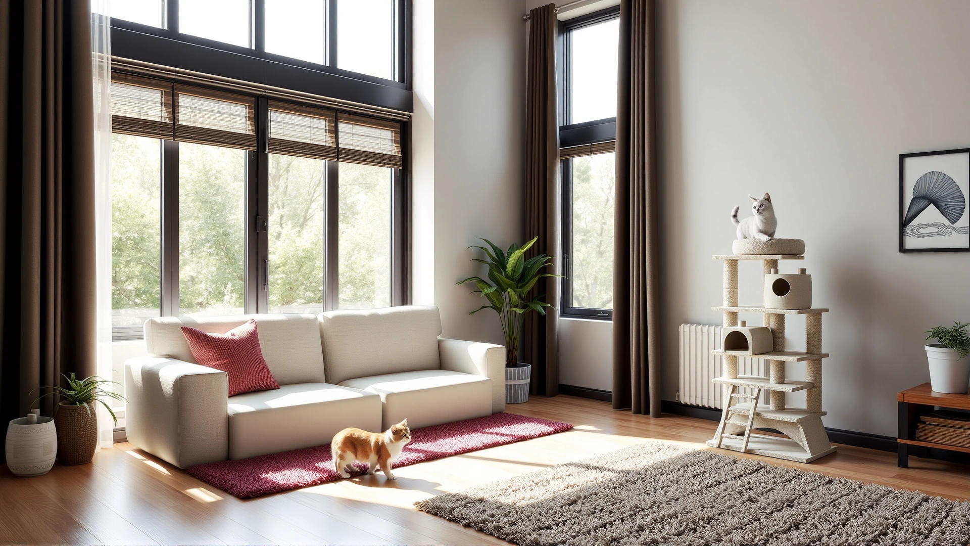 Bright living room featuring a sturdy multi-level cat tree and non-slip rugs; demonstrates a safe environment for prevention.