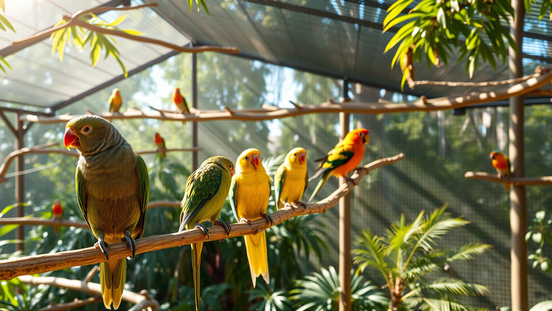 Bright outdoor aviary with multiple birds basking in natural sunlight, abundant perches and greenery