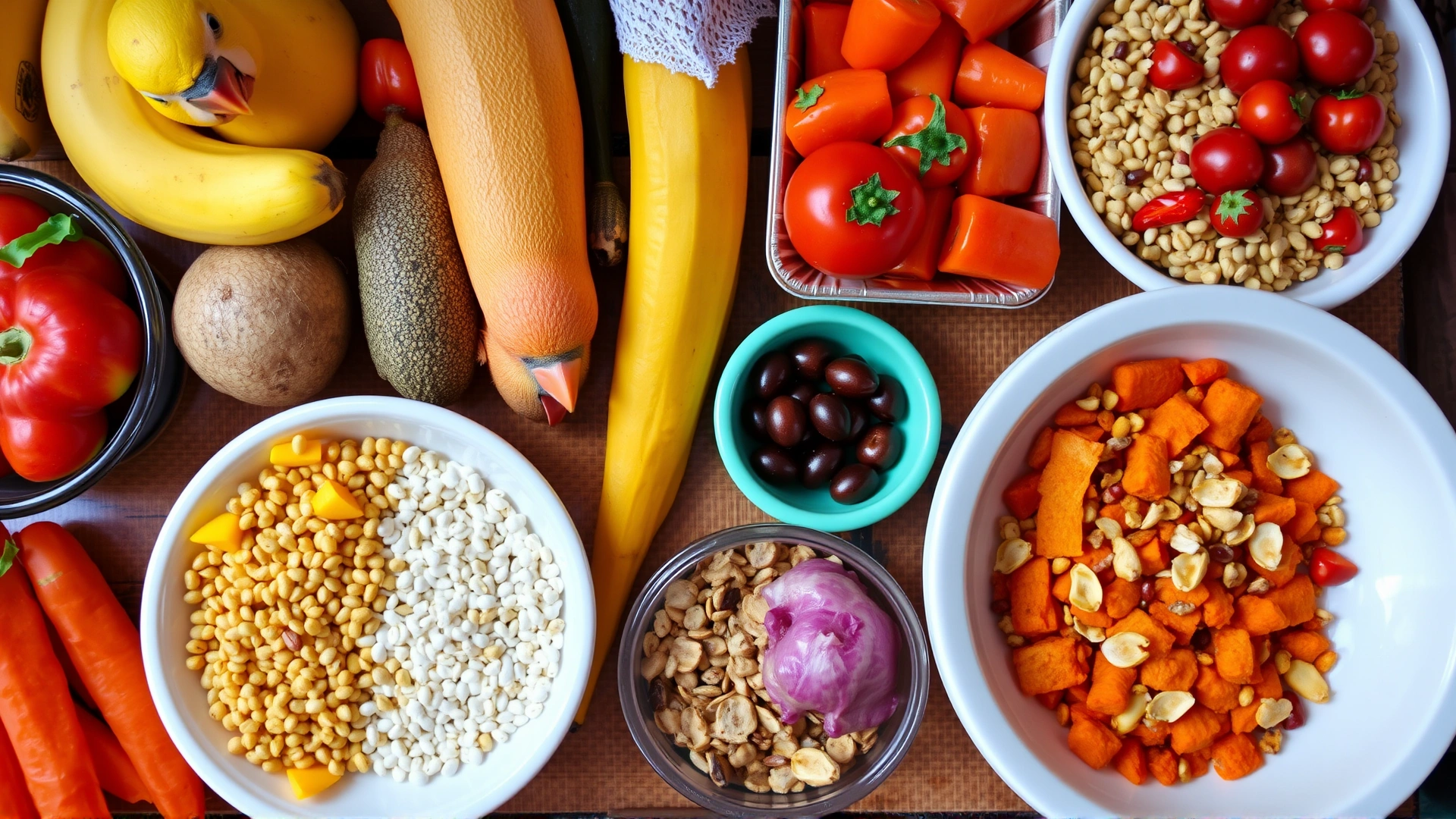 Colorful display of a balanced bird diet: assorted fresh fruits, vegetables, pellets, and seeds arranged neatly in separate bowls.