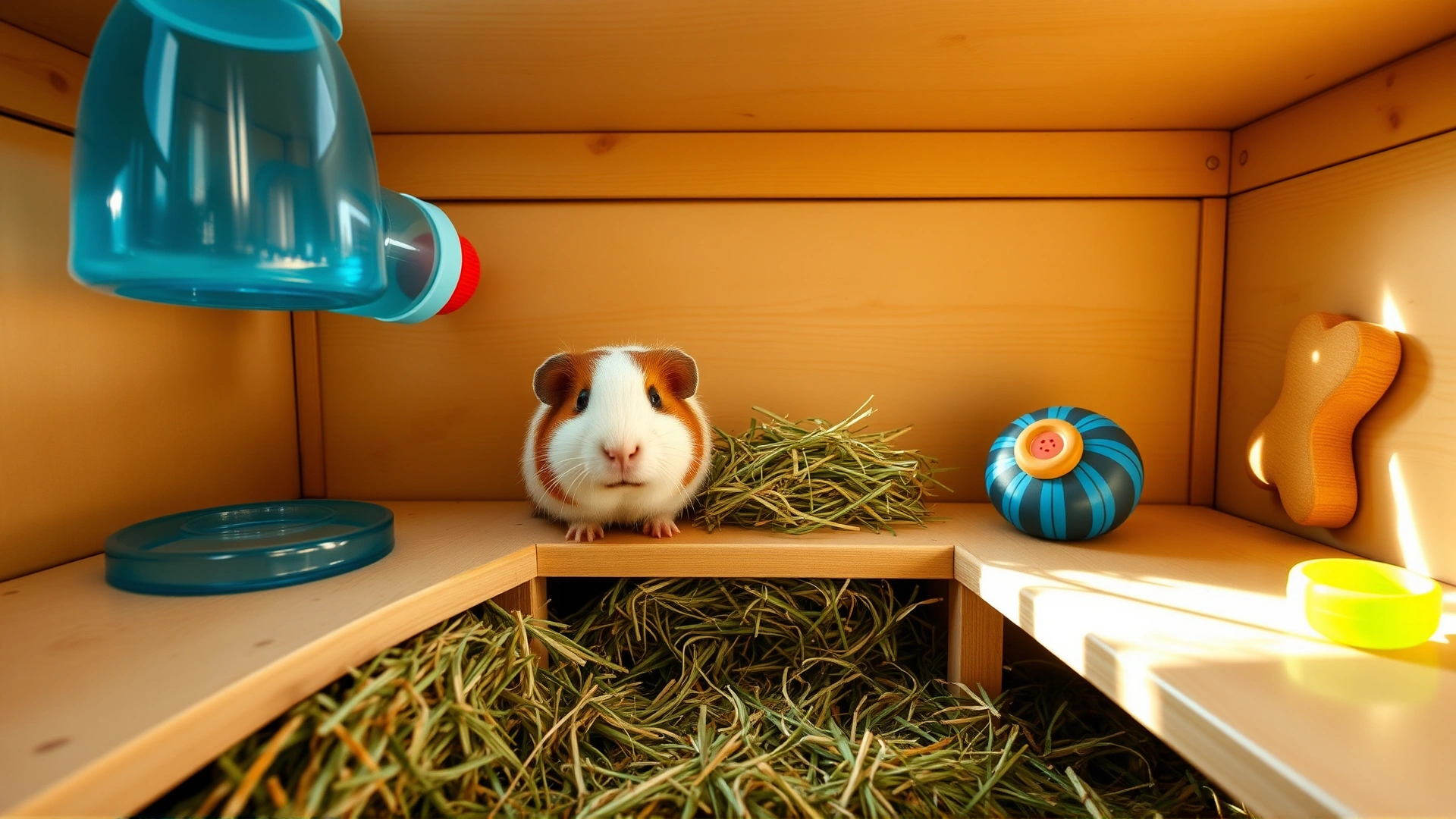 Clean, spacious guinea pig enclosure with fresh hay, water bottle, and chew toys; bright and hygienic environment