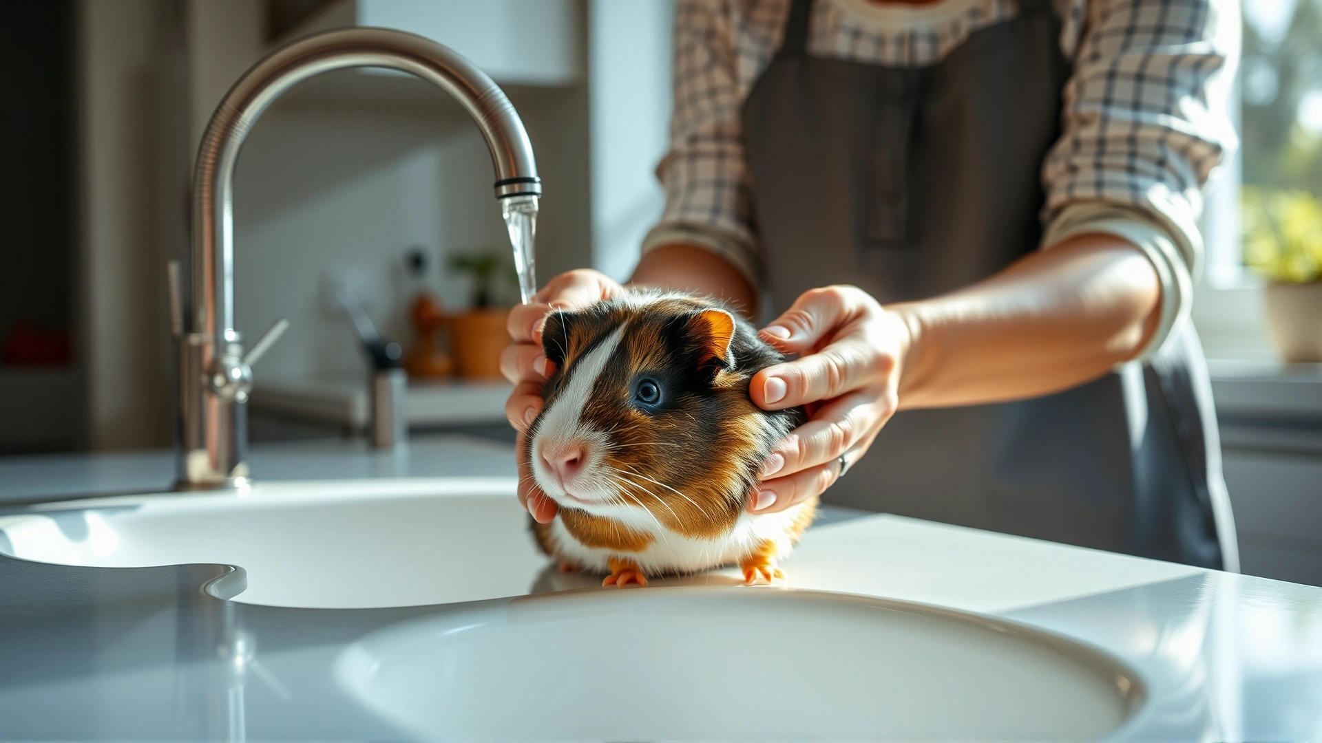 Pet owner washing hands at a sink before handling a guinea pig in a bright home environment