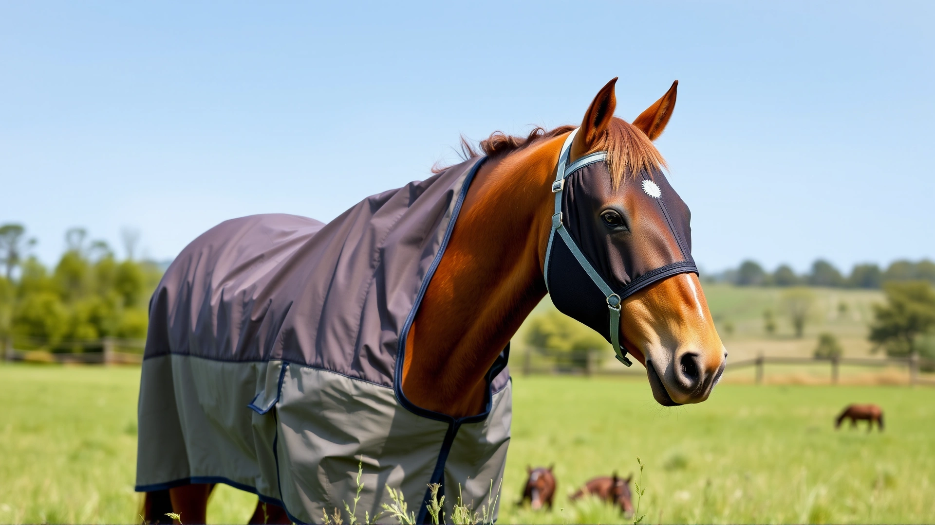 Chestnut horse in a green pasture wearing a full fly mask and fly sheet, illustrating insect control measures.