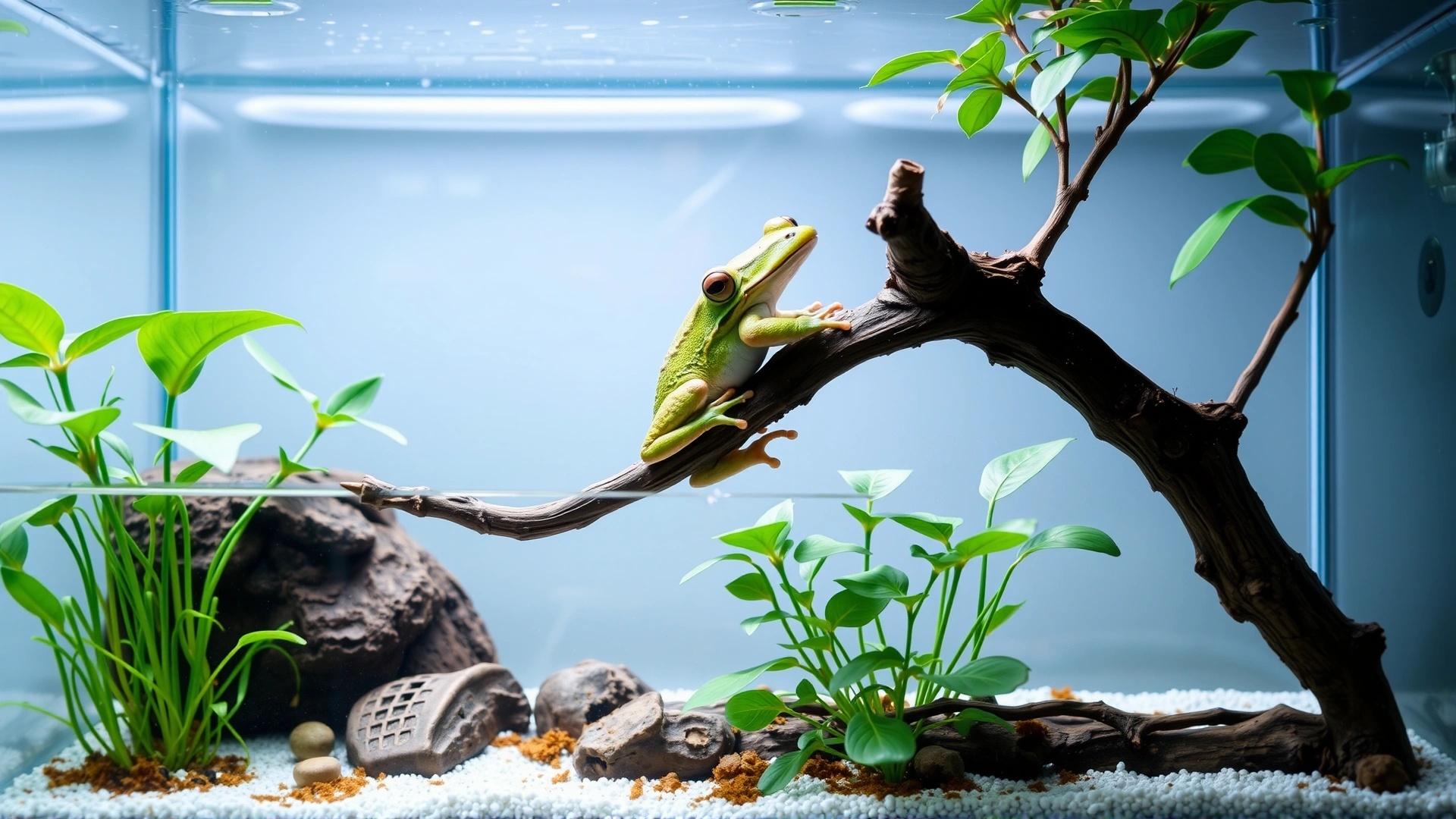 Bright, clean terrarium setup with crystal-clear water, live plants, and a healthy tree frog perched on a branch, demonstrating ideal husbandry conditions, no text.