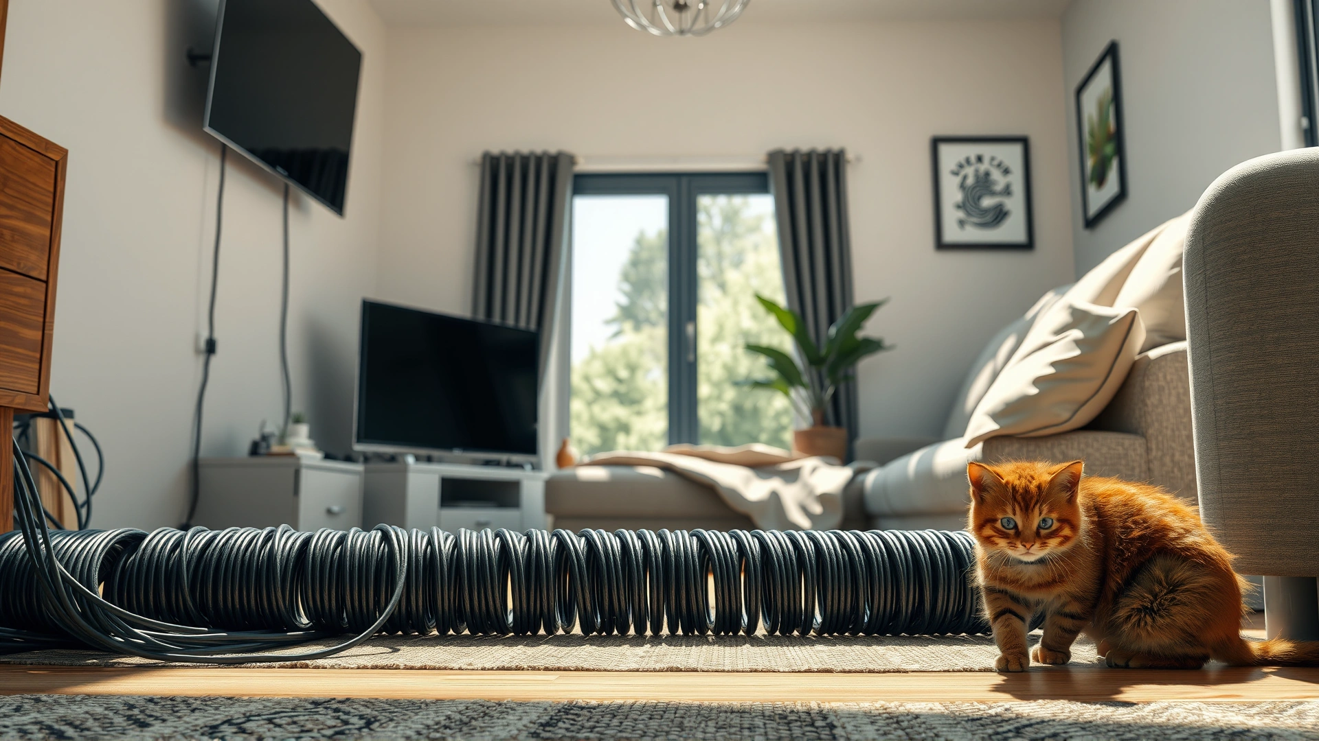 Living room scene showing neatly organized cables inside protective conduits and a playful cat sitting nearby, bright daylight