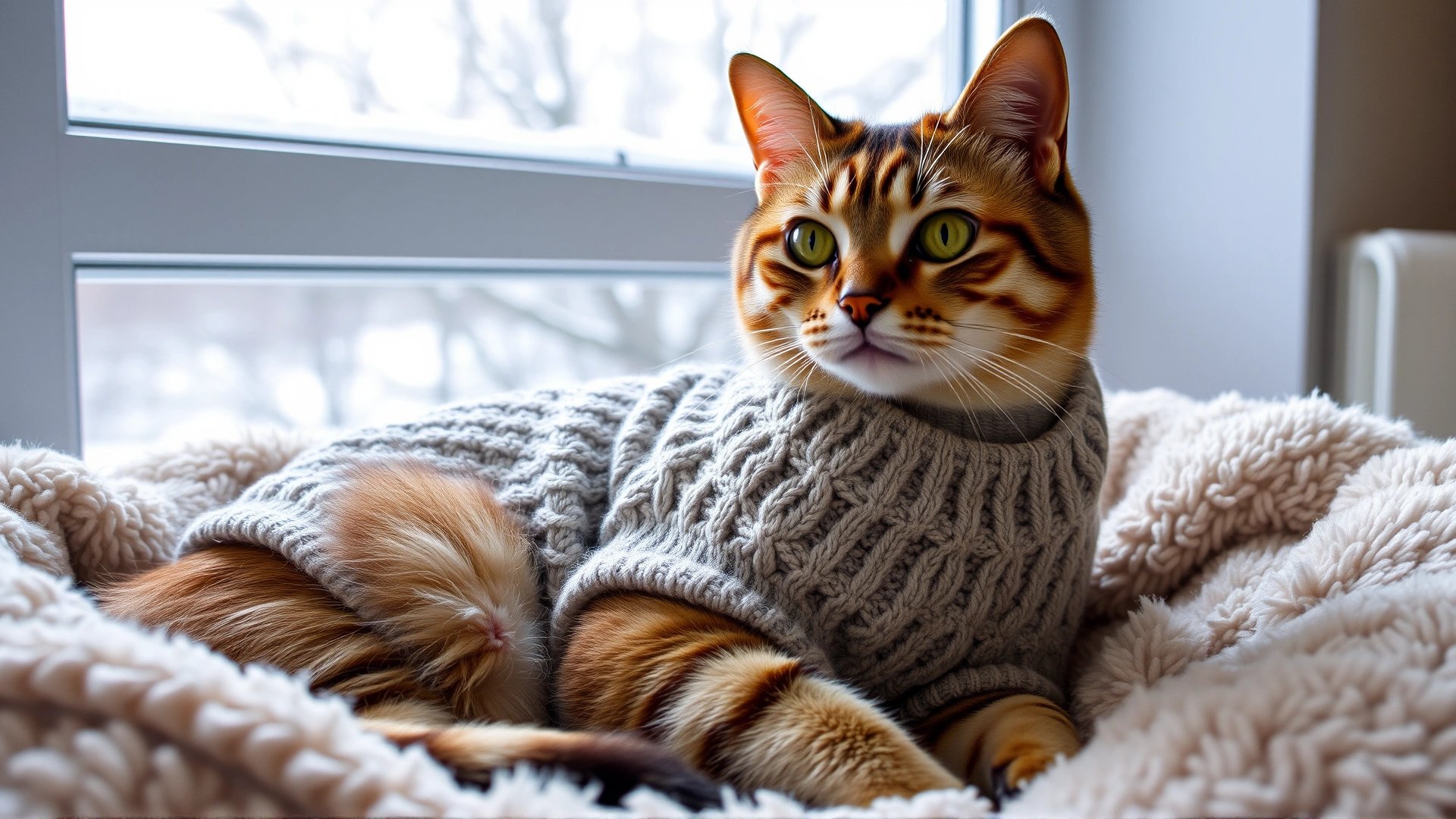 Content indoor cat wearing a knitted sweater, sitting comfortably on a plush bed near a window with winter scenery outside (no text).