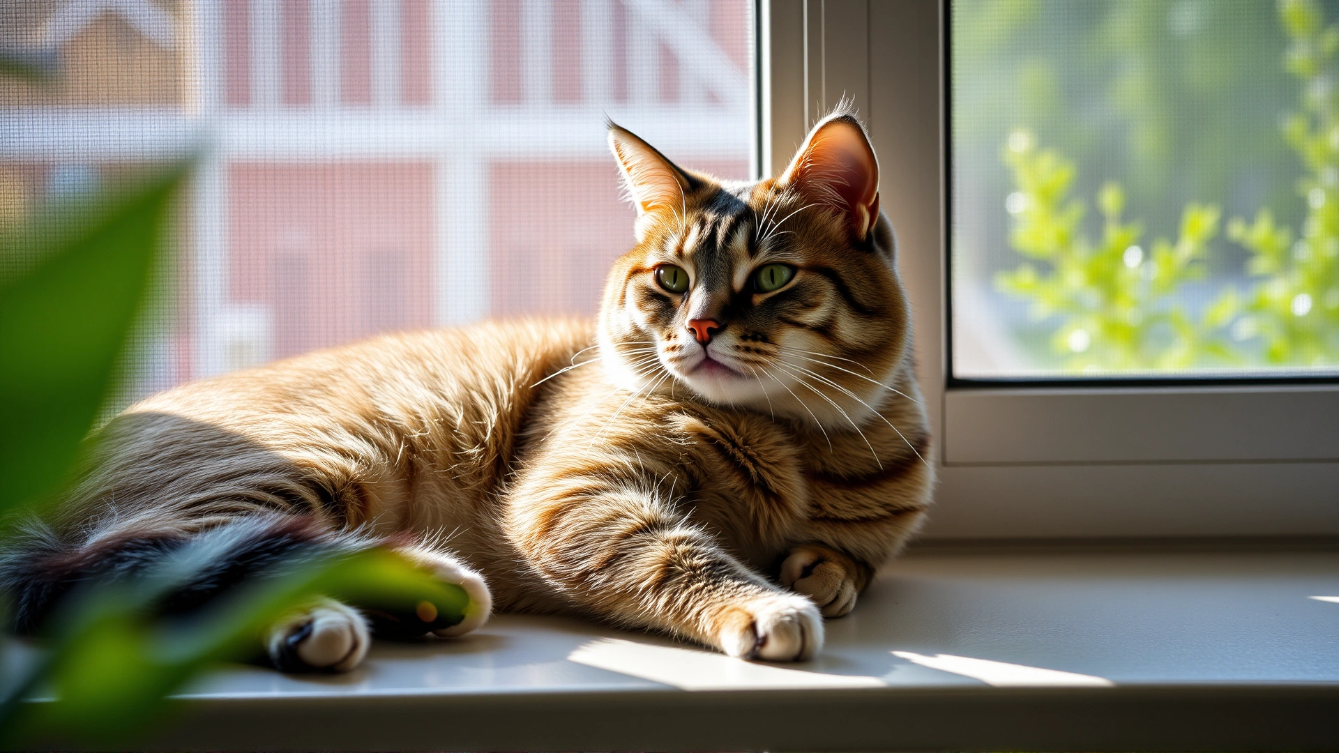 Contented indoor cat lounging on a sunny windowsill with a closed screen, representing preventive care