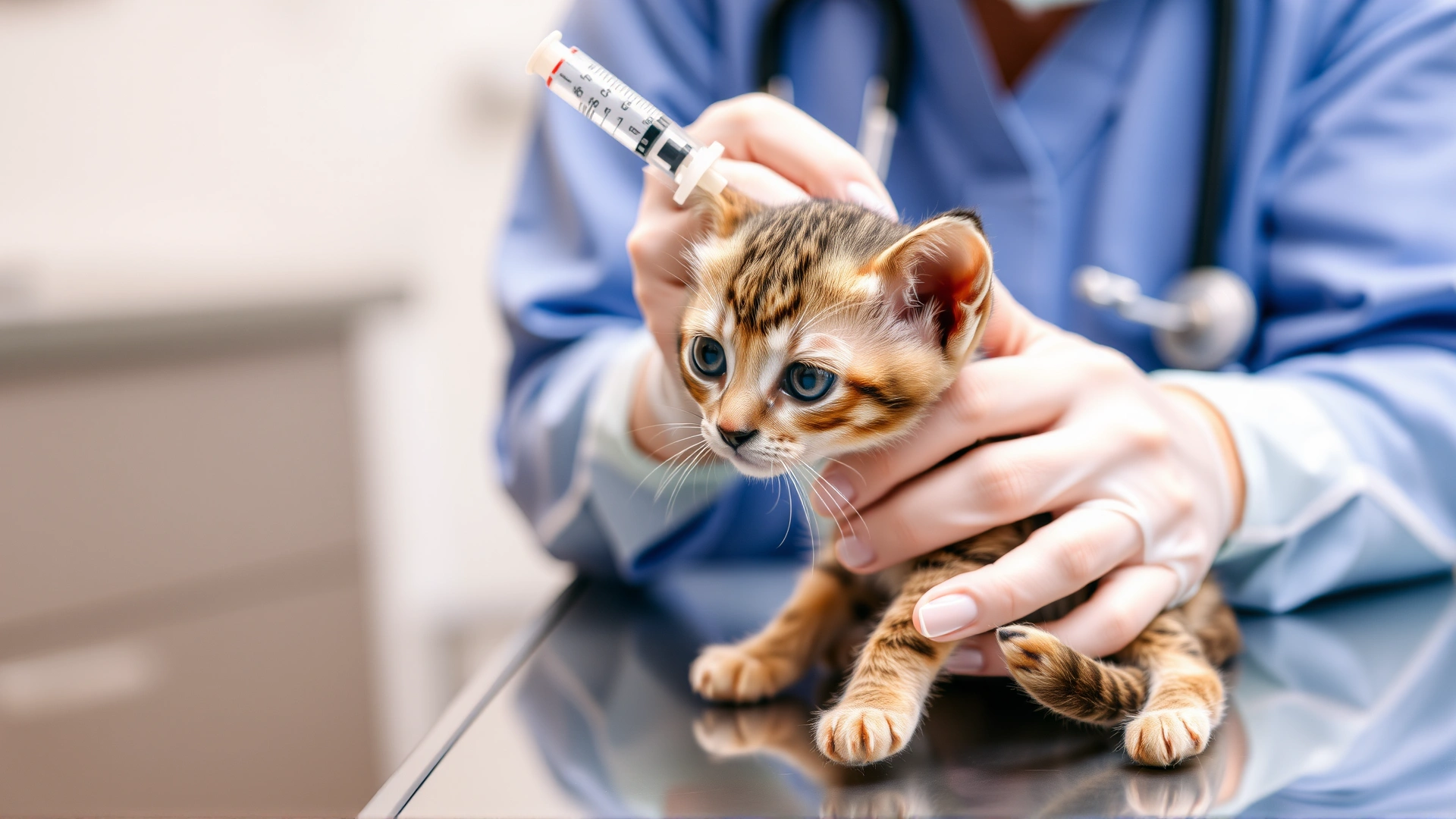 A veterinarian administering a vaccine to a calm kitten on an exam table, showcasing preventive care.