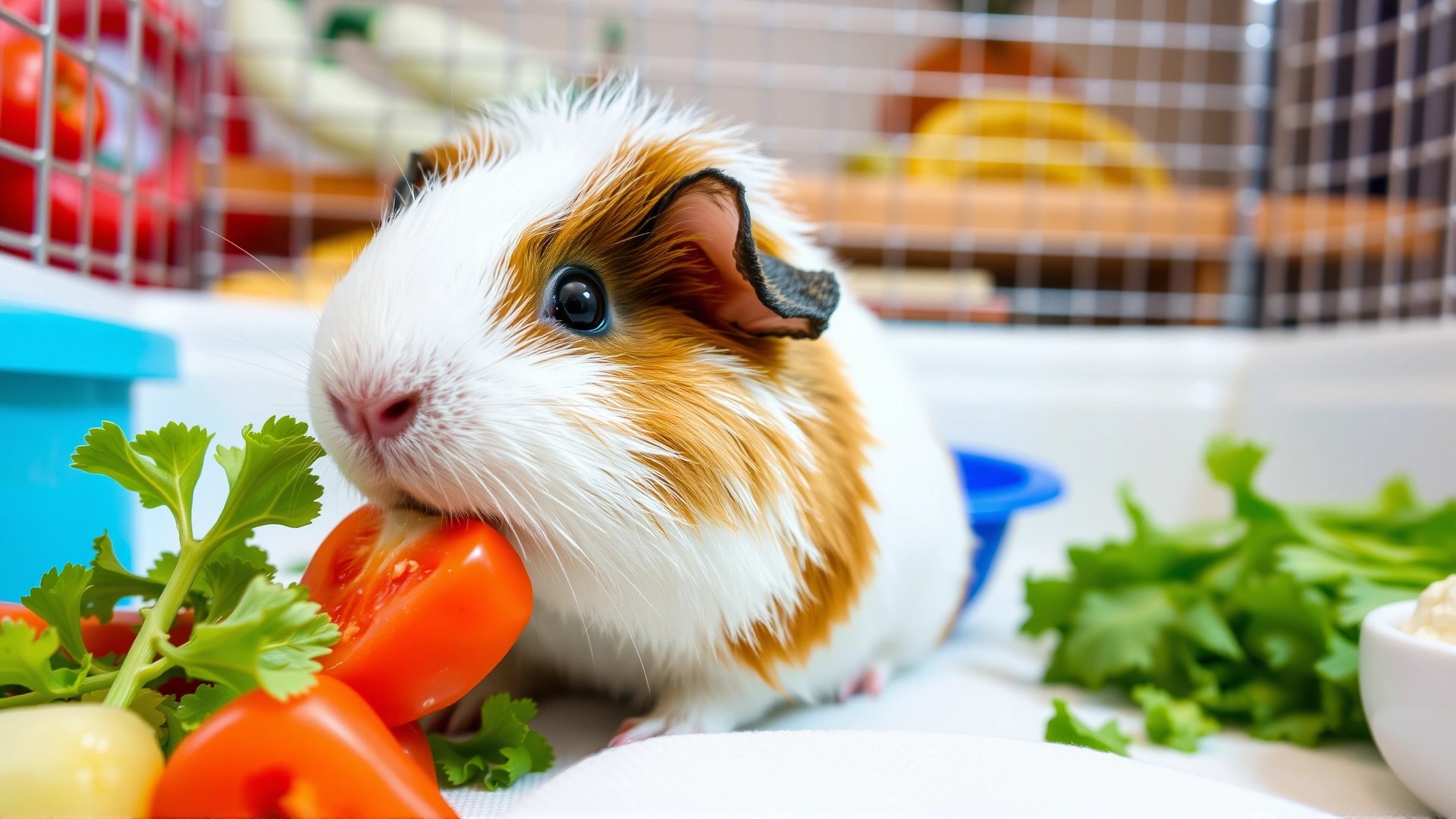 Bright, cheerful image of a healthy guinea pig eating fresh vegetables in a clean cage environment