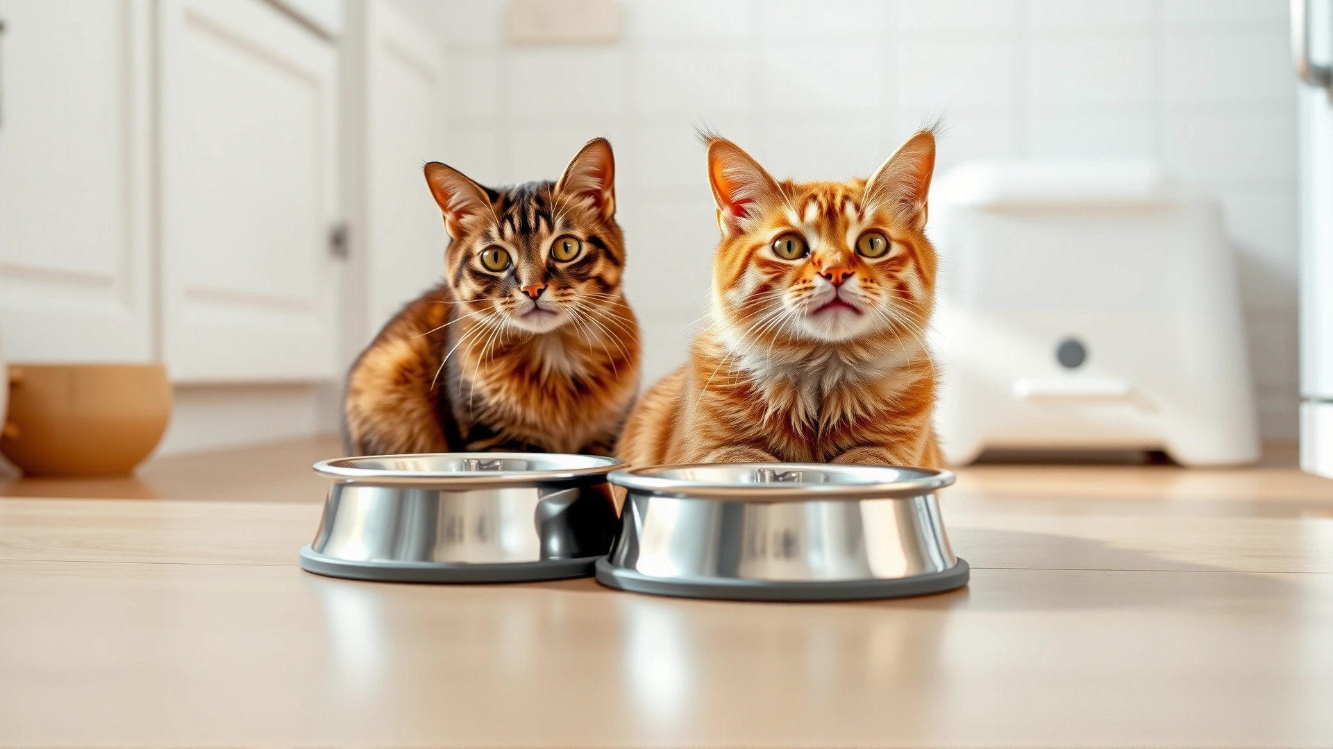 Bright kitchen setting showing stainless-steel cat bowls and an unscented litter box in the background, portraying a preventive lifestyle environment for cats.