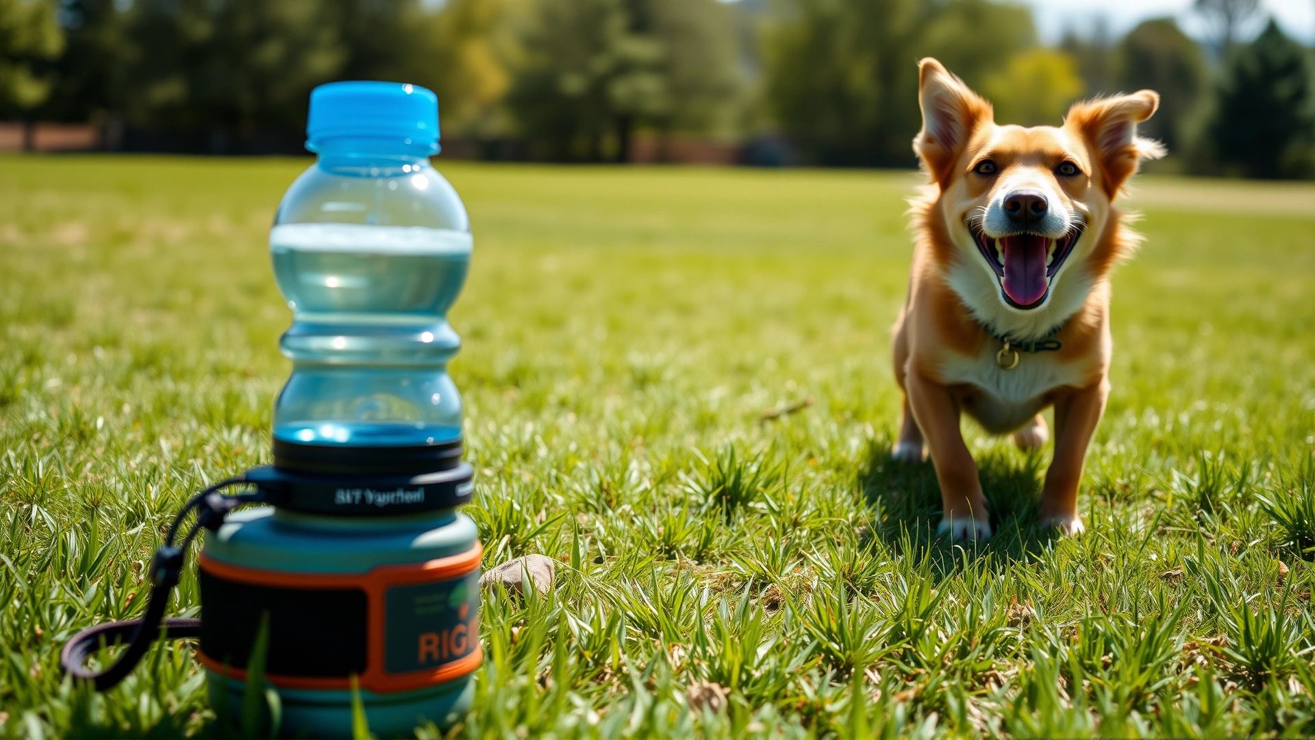 Happy dog running on a grassy field with a water bottle and portable bowl visible in the foreground, outdoor sunny day.