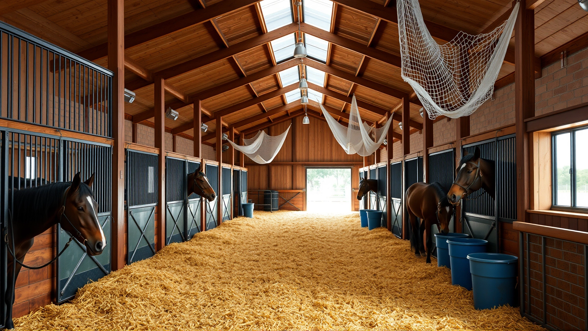 Clean, well-ventilated horse barn interior with fresh straw, organized feed bins, and hanging fly nets demonstrating optimal management