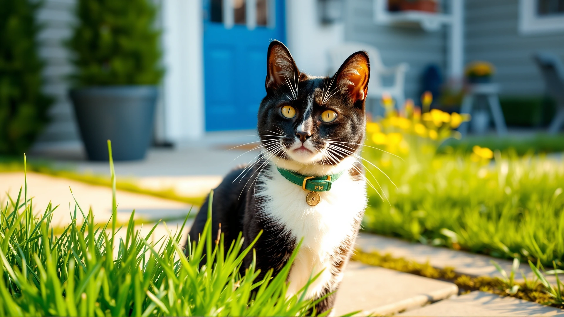 Bright home garden scene showing a healthy tuxedo cat wearing a tick collar, surrounded by trimmed grass and clean patio