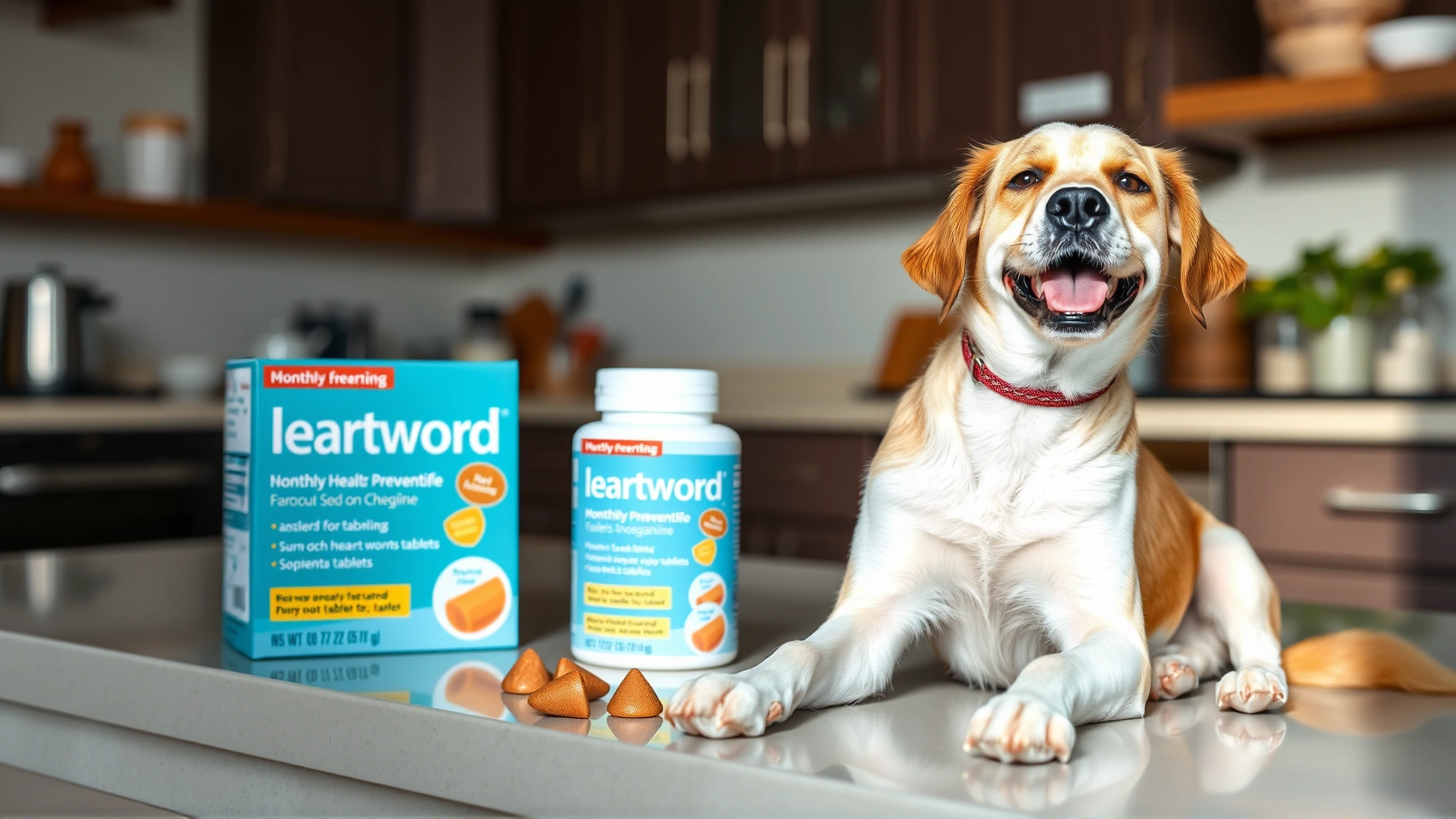 Happy dog sitting next to monthly heartworm preventive chewable tablets and their packaging on a bright kitchen counter.