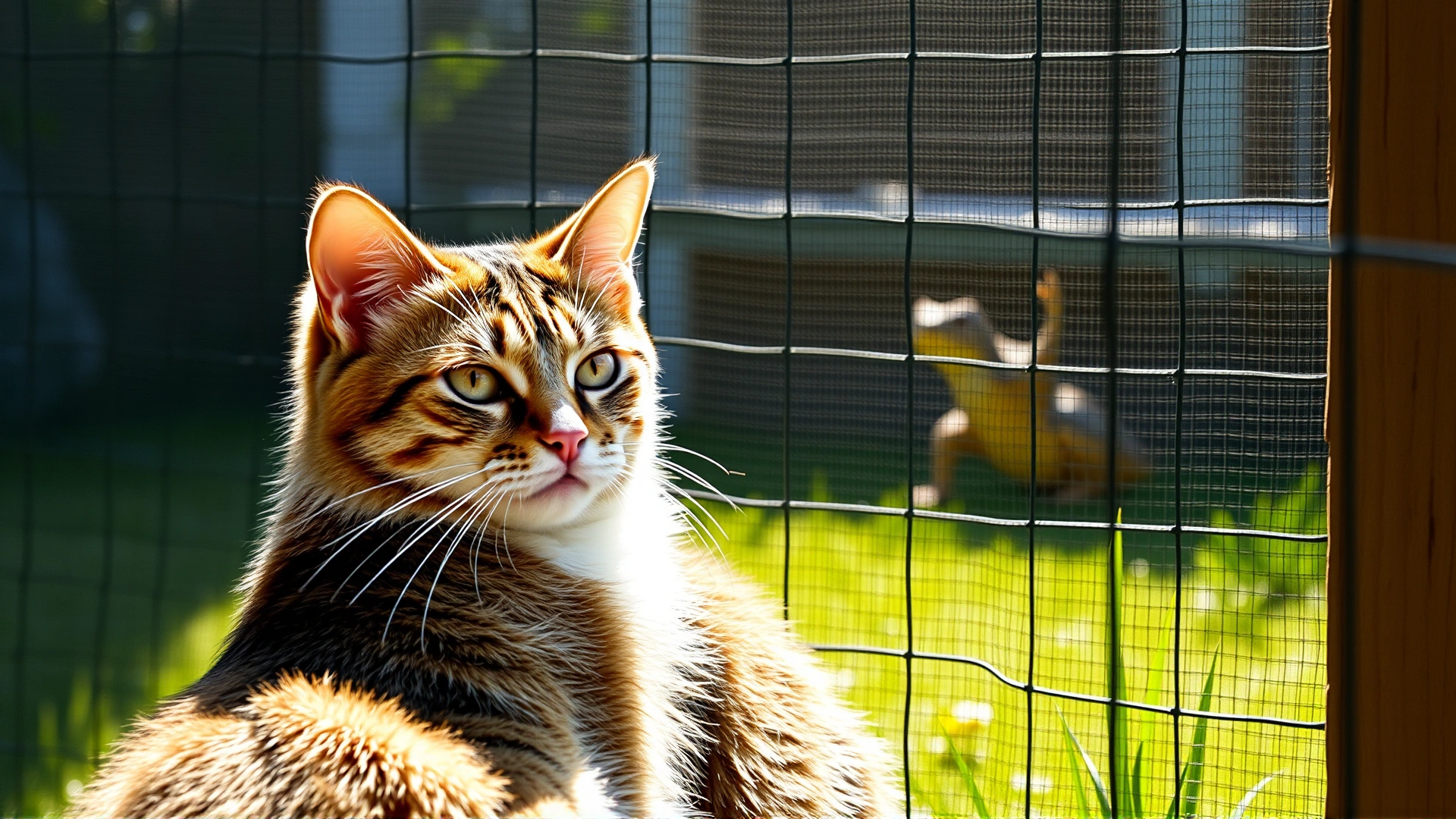 Cat owner supervising cat in enclosed garden with a toad visible behind mesh fence, bright daylight, no text