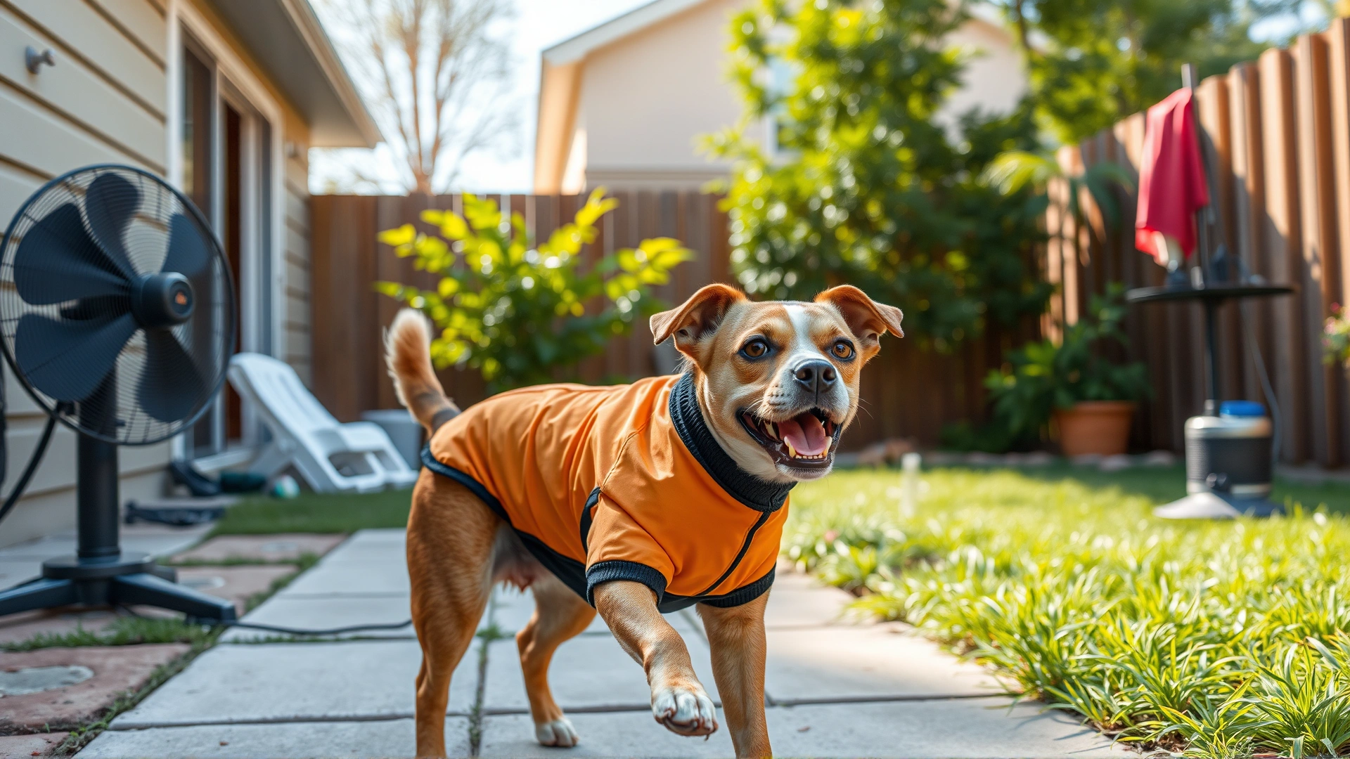 Wide shot of a dog wearing a lightweight protective shirt while playing in a sunny backyard equipped with a fan and no standing water in sight