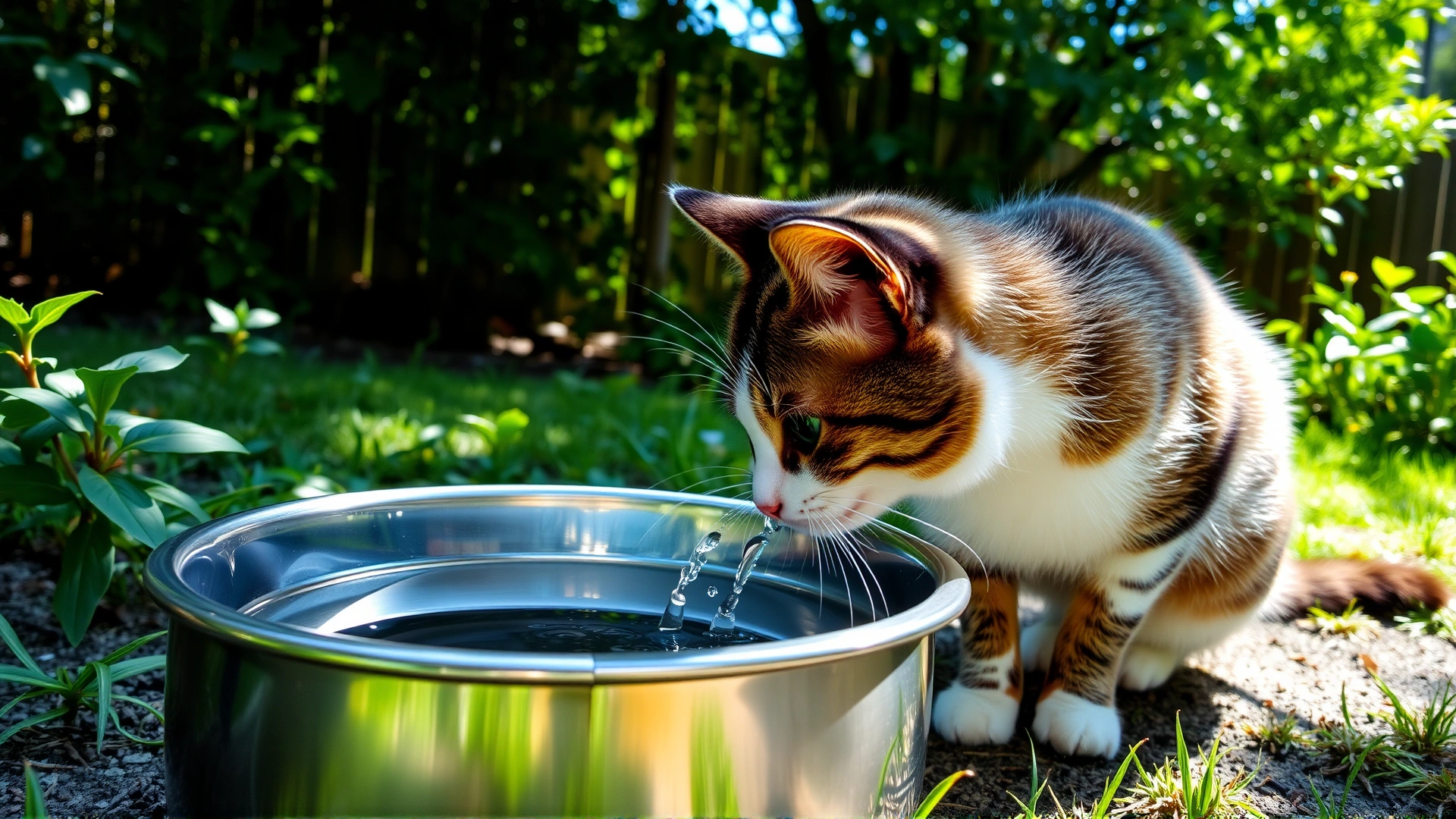 Cat drinking fresh water from a stainless steel bowl in a shaded backyard garden during summer, green foliage and dappled sunlight.