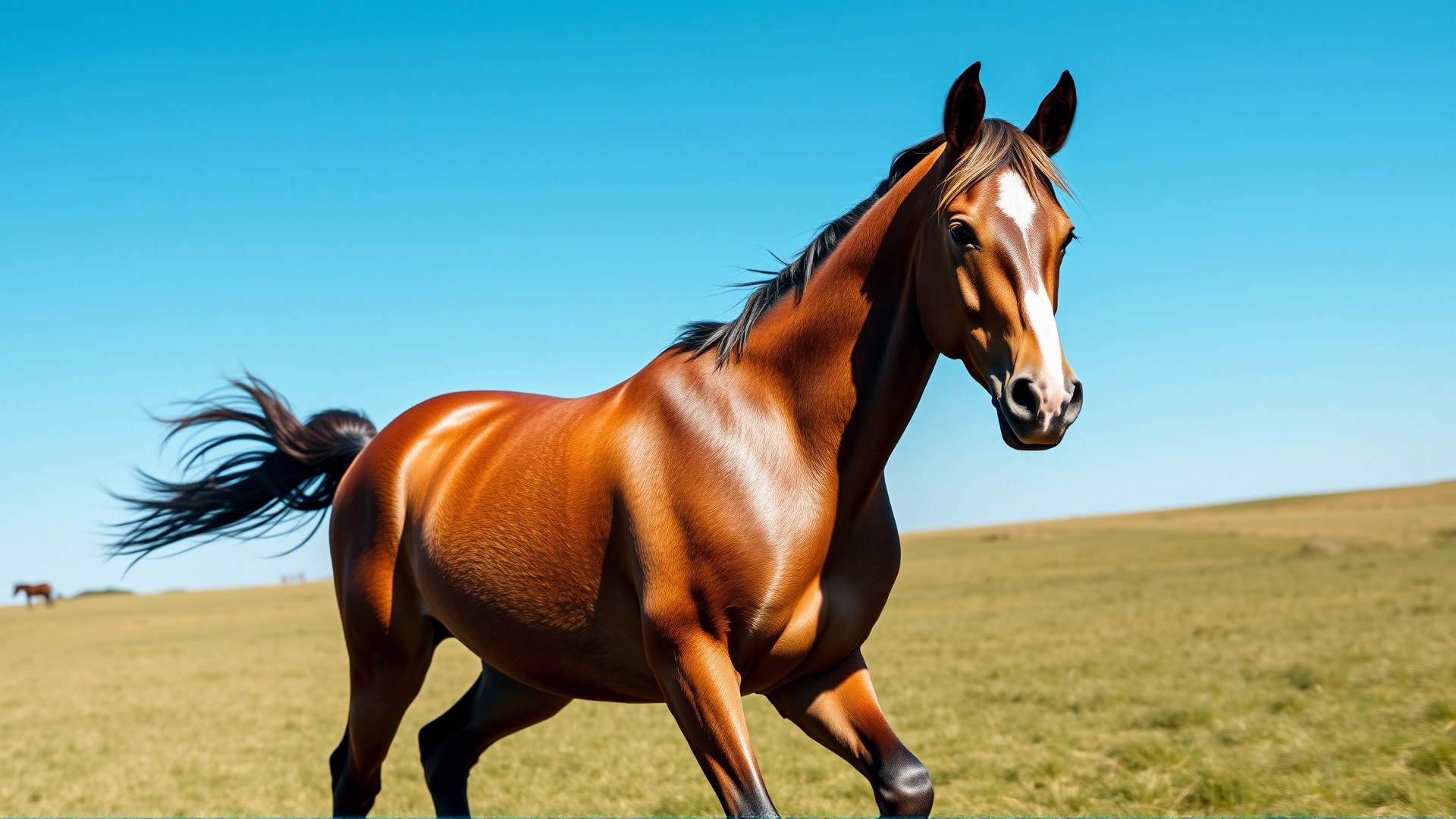 Healthy horse galloping freely in an open green pasture under a clear blue sky, symbolizing prevention and well-being.