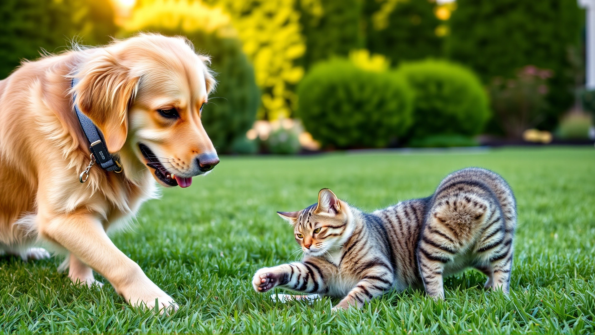 Golden retriever wearing a tick-repellent collar playing with a tabby cat in a trimmed backyard lawn under sunlight