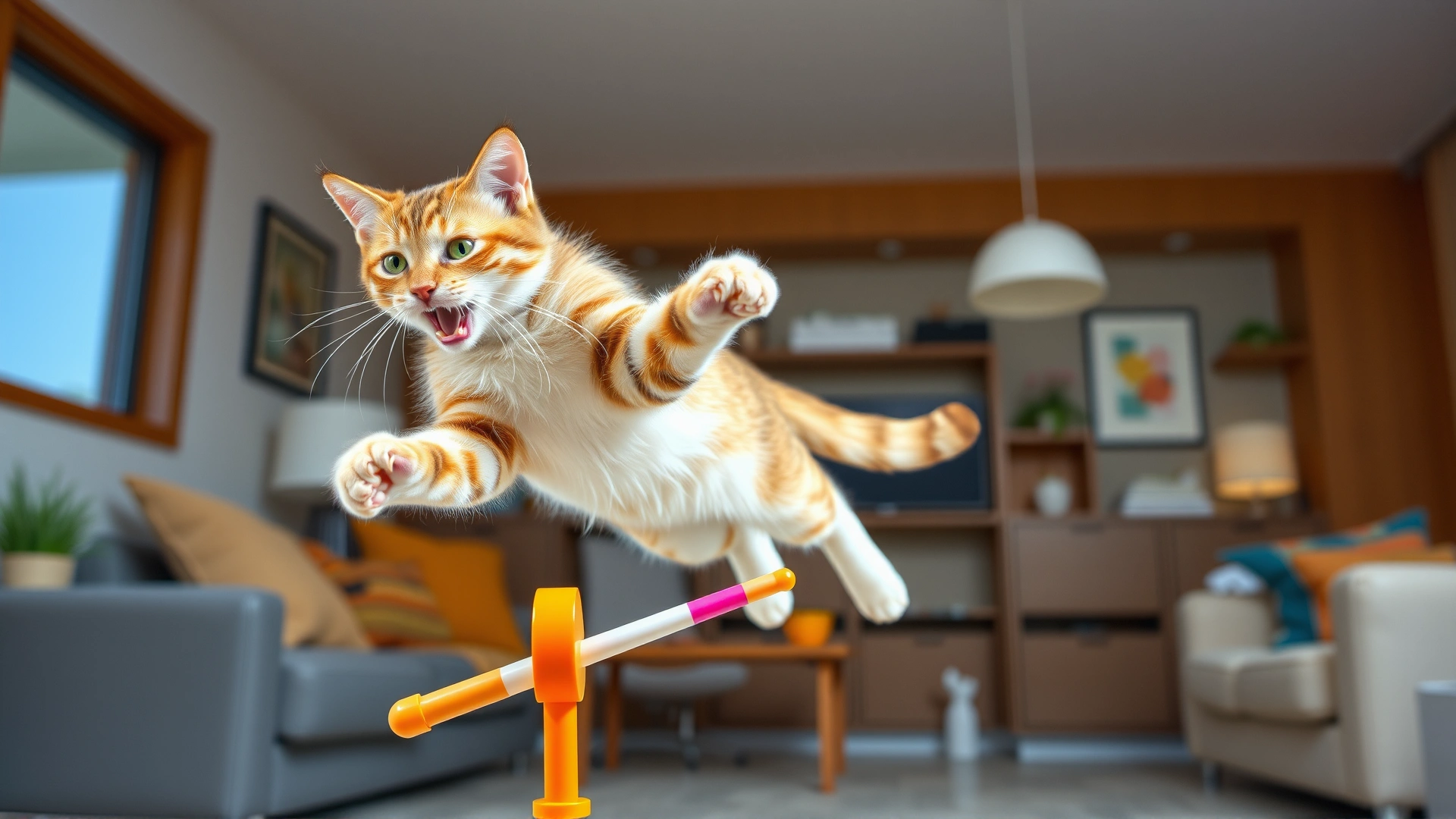 Healthy young cat mid-jump over an interactive wand toy in a modern living room, frozen action shot, vibrant colors