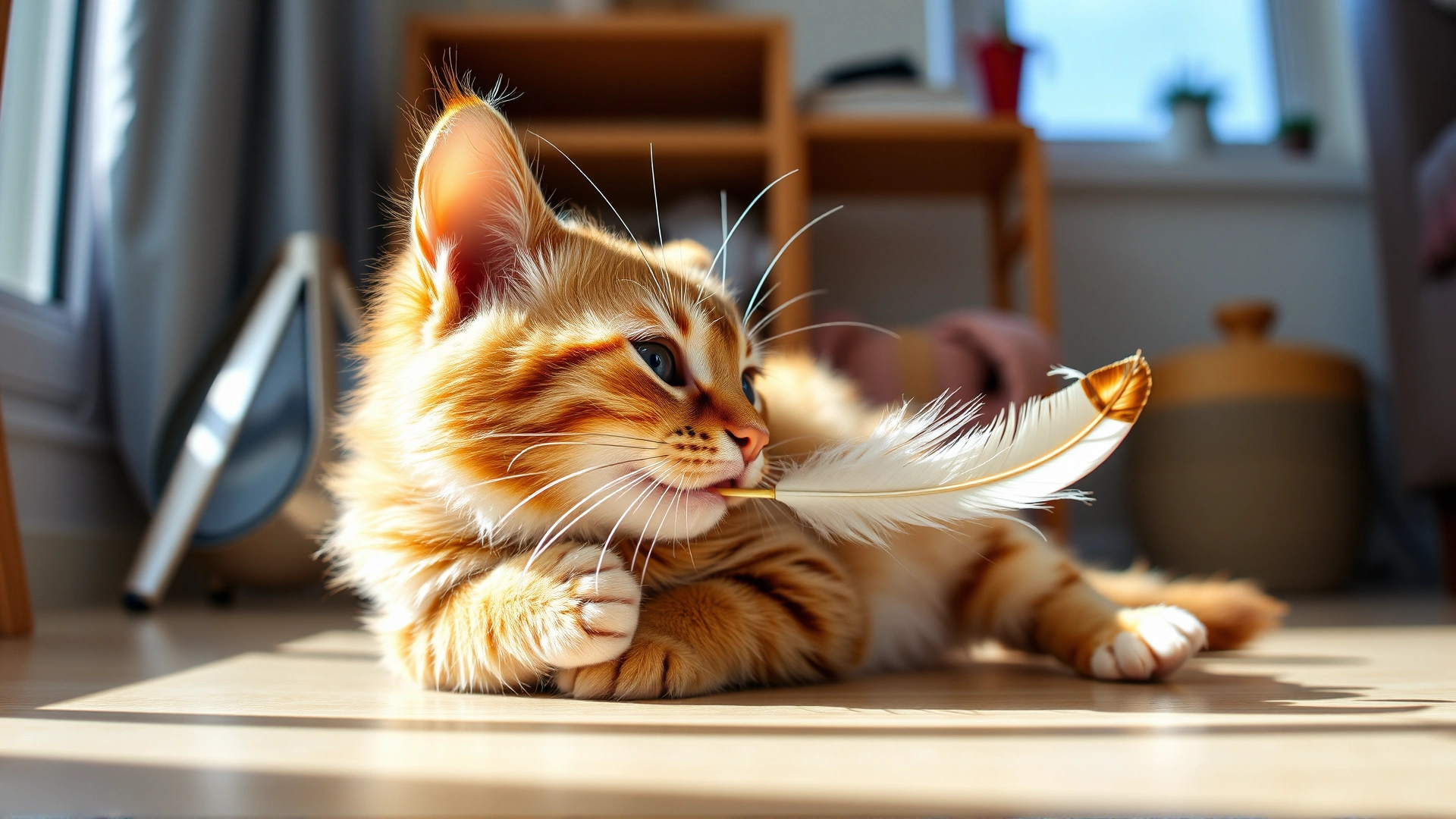 Healthy young cat playing with a feather toy in a bright, tidy home environment, symbolizing preventive lifestyle