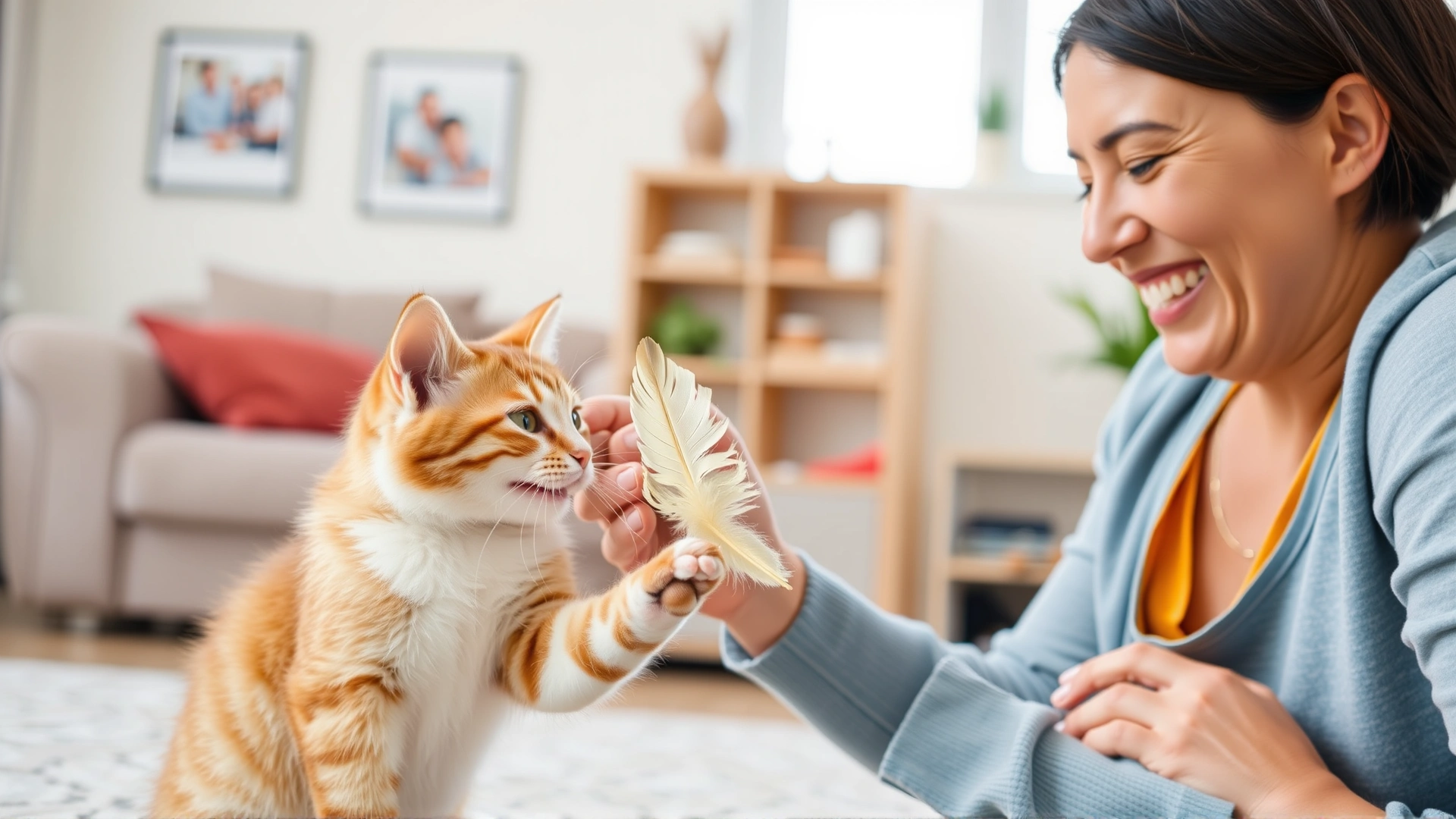 Happy owner playing with a young cat using a feather toy in a bright living room, both looking healthy and active, capturing a preventative care vibe.