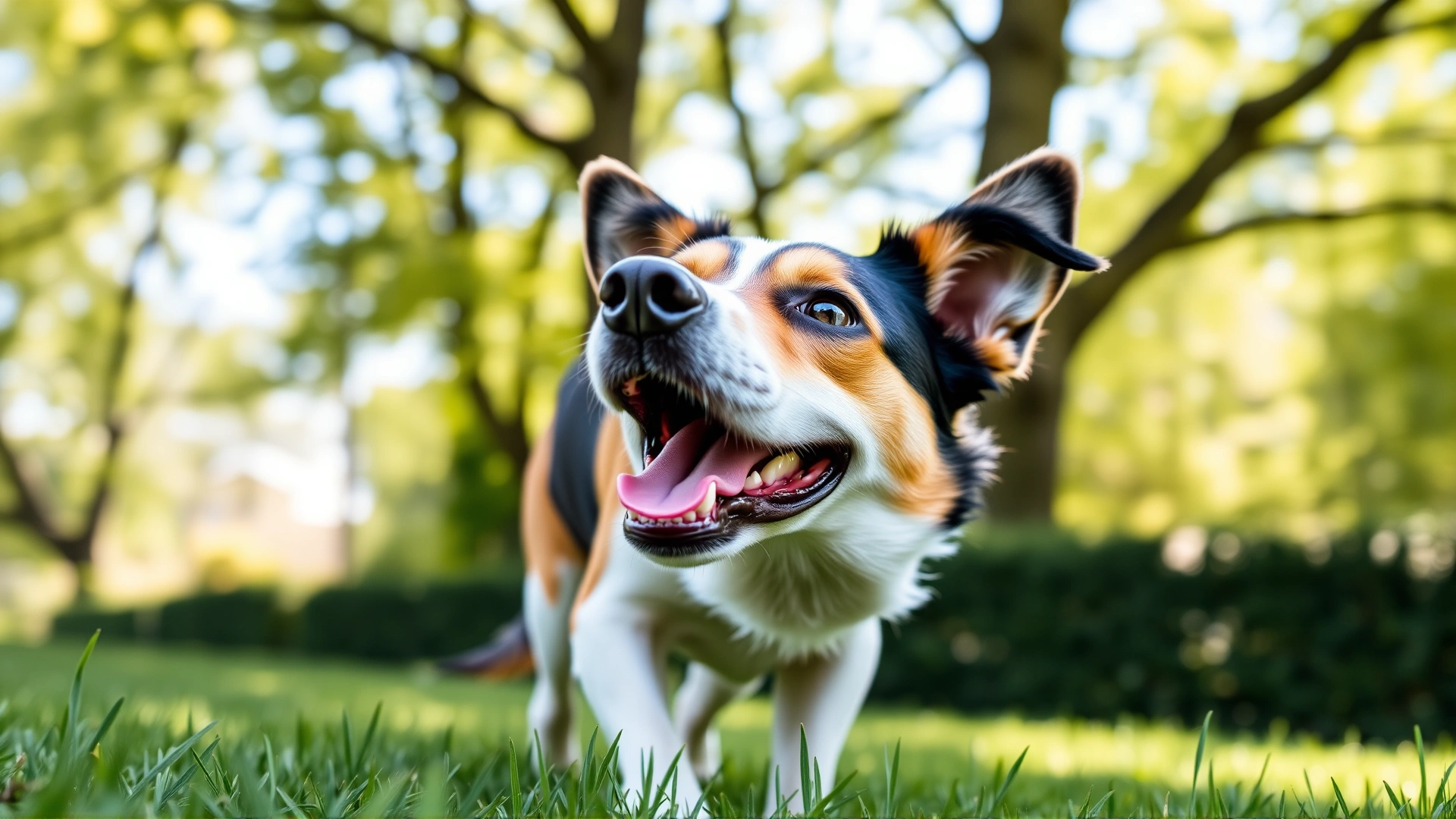 Happy mixed-breed dog playing fetch in a sunny green park, ears perked and clean, illustrating a healthy lifestyle
