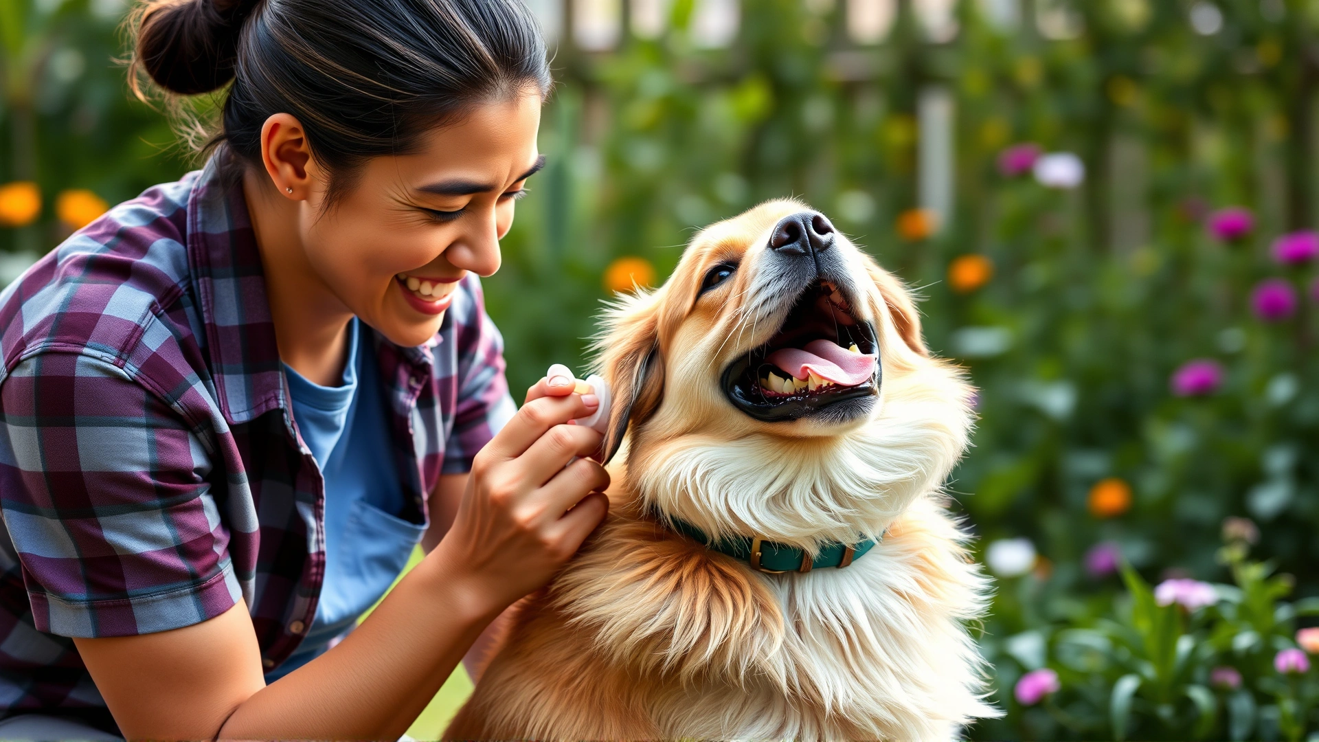 Smiling dog owner applying the correct dose of topical flea medication to the back of their happy dog in a garden, bright colors, no text