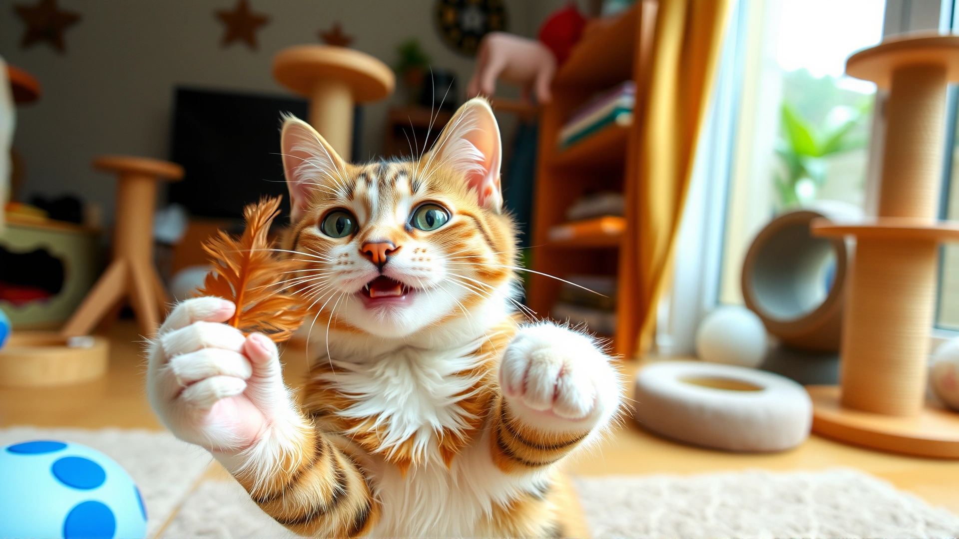 Happy cat playing with a feather toy inside a safe, enriched home environment with plenty of scratching posts and toys visible.