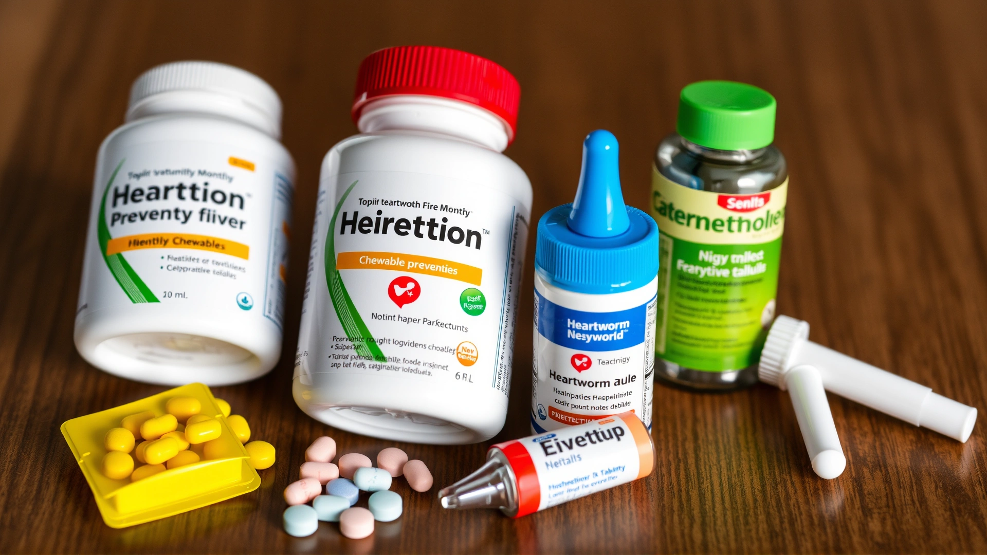 Neatly arranged assortment of monthly heartworm preventive medications (chewables, tablets, and topical pipettes) on a wooden surface.