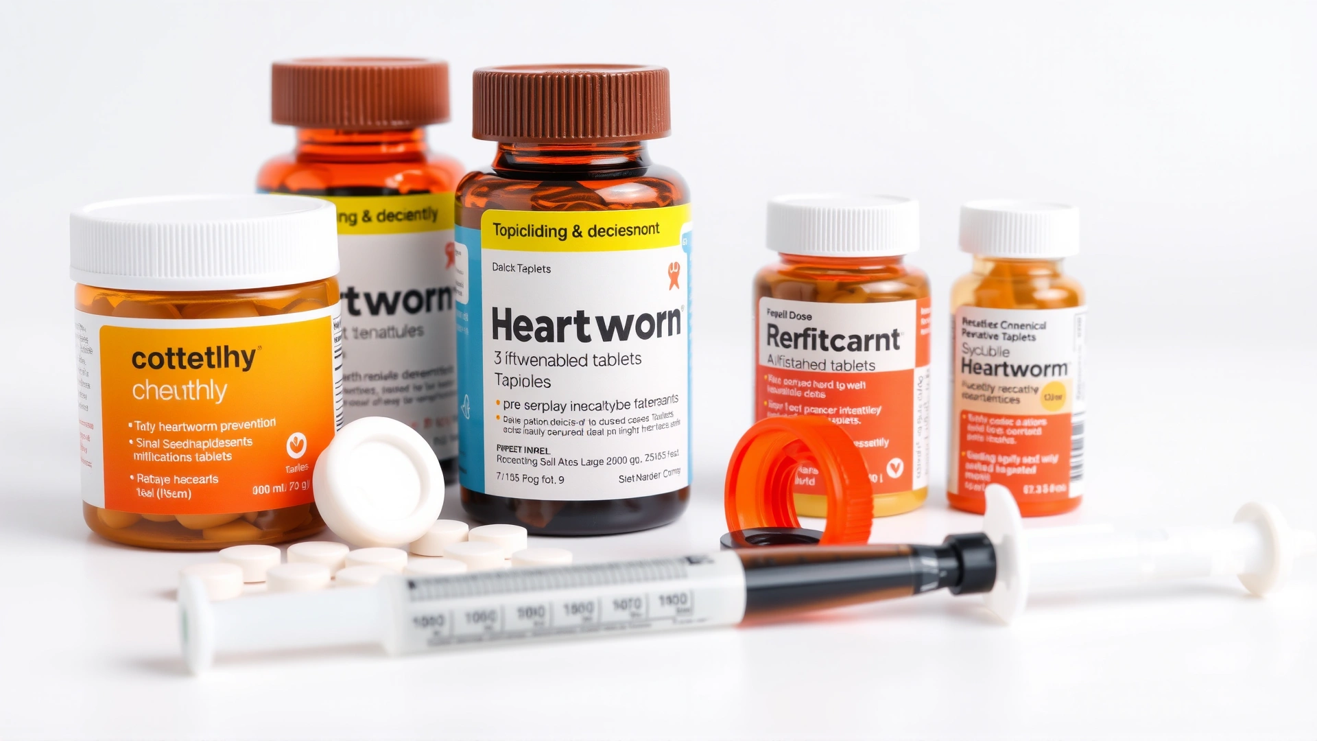 Studio shot of various unbranded heartworm preventive medications: monthly chewable tablets, topical pipettes, and a single dose syringe, arranged neatly on a white background.