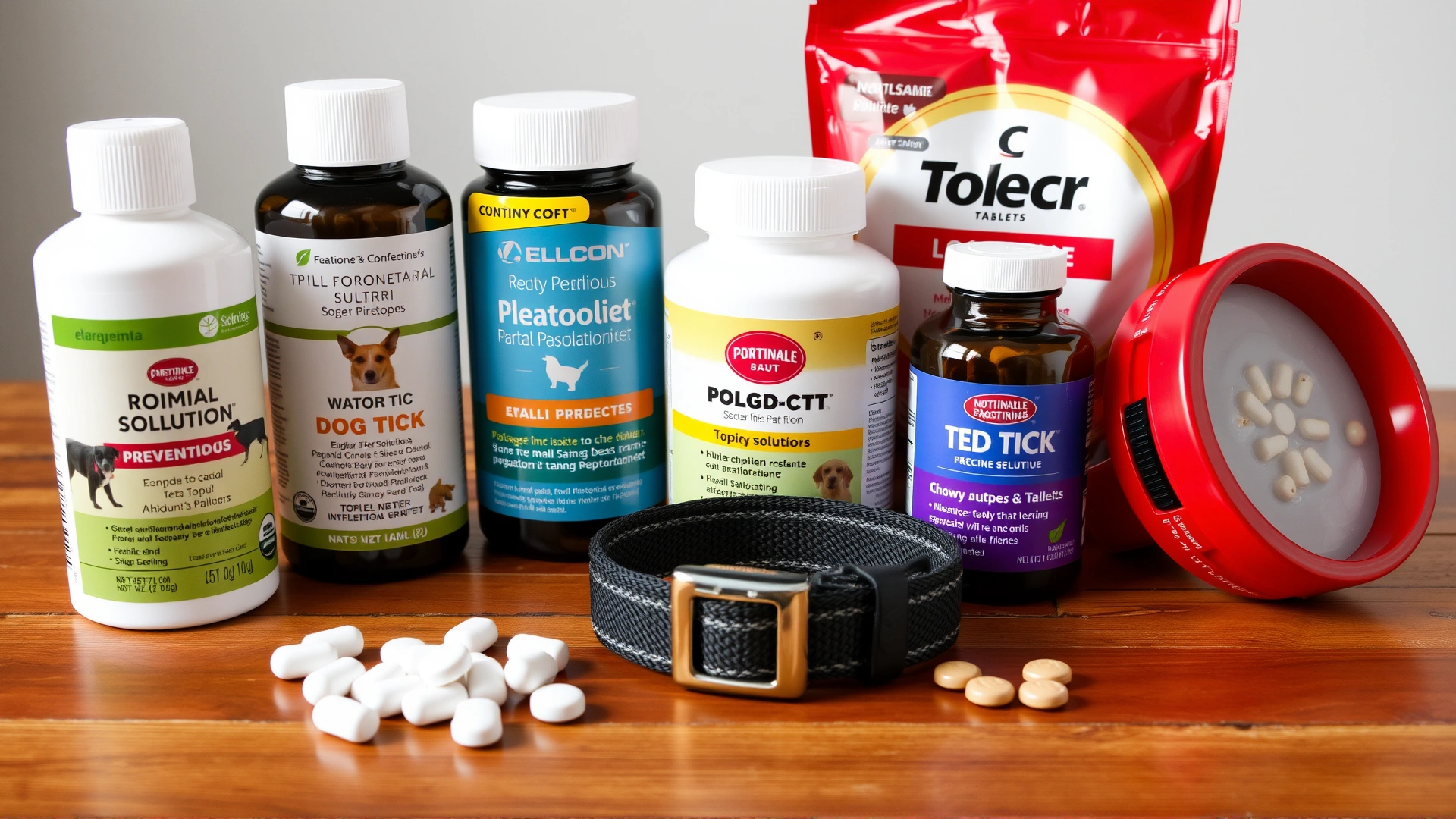Assortment of dog tick prevention products (topical solutions, collar, chewable tablets) neatly arranged on a wooden table