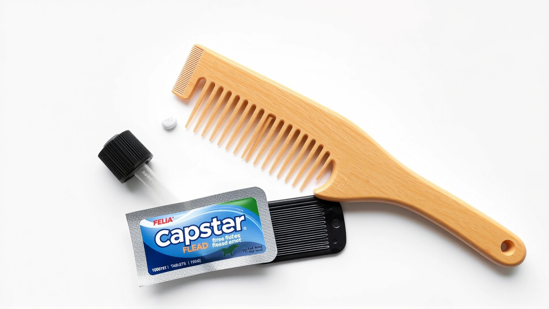 Flat lay of veterinarian-approved feline flea prevention products (pipette, Capstar tablet blister, flea comb, mild shampoo) on neutral white background.