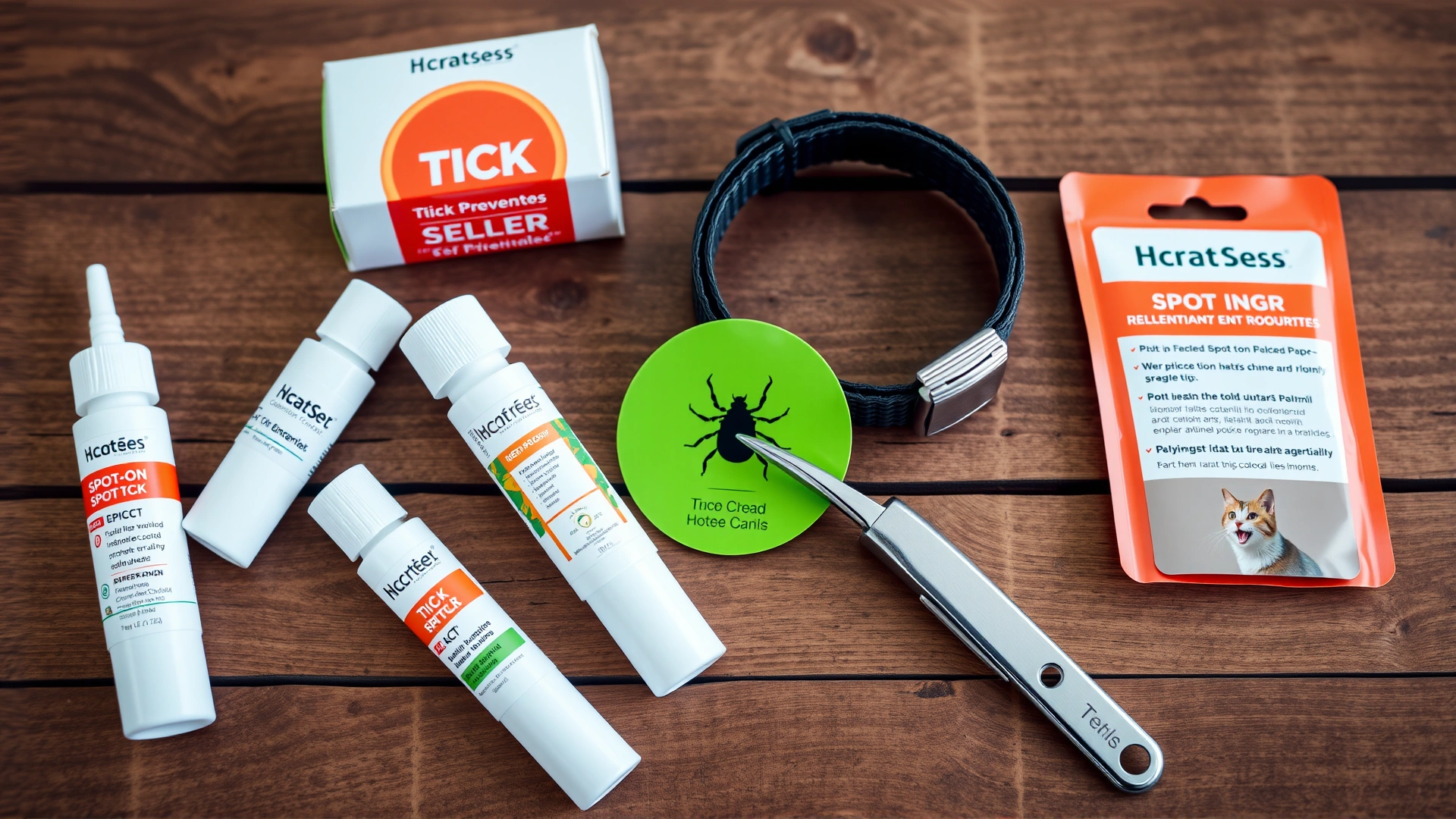 Flat lay of various tick prevention products for cats such as spot-on pipettes, a tick collar, and a stainless tweezer on a wooden surface