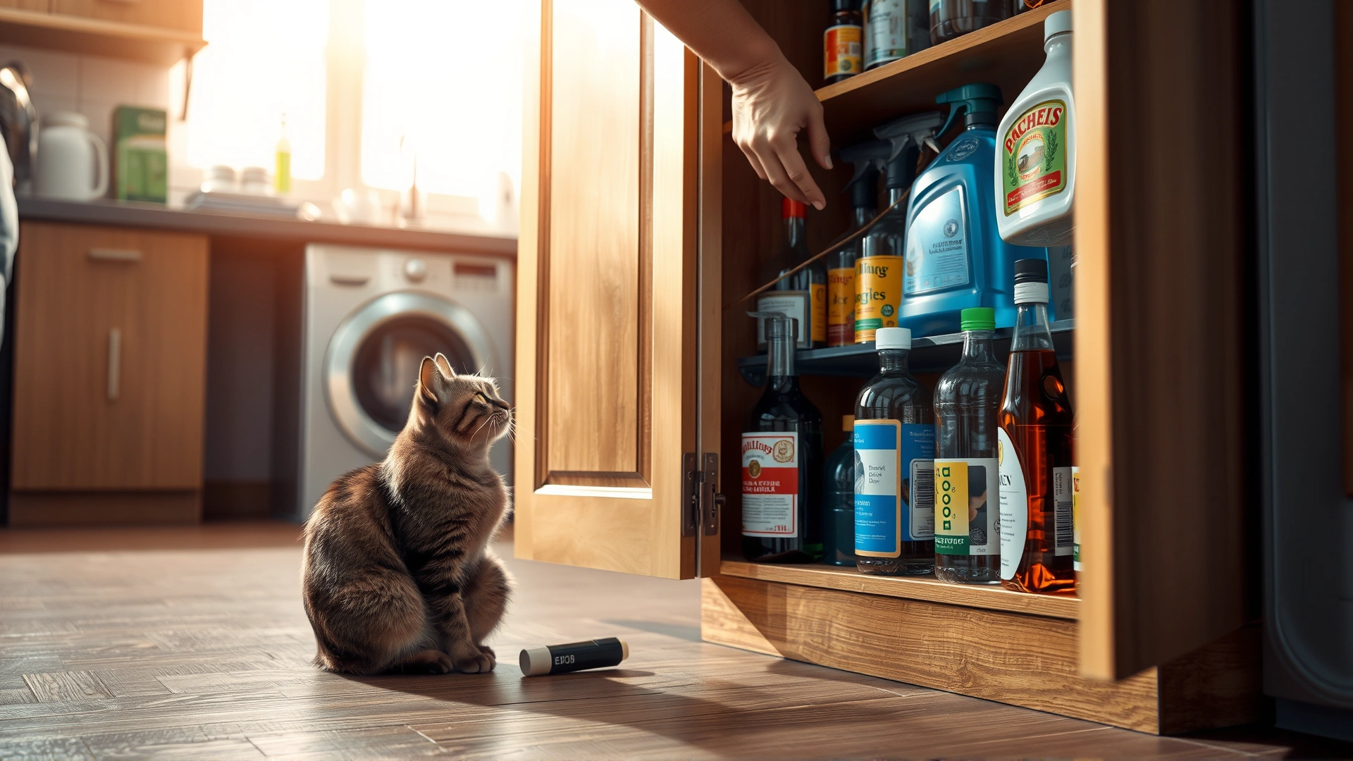 Domestic scene showing a cat sitting safely on the floor while a human places cleaning products and alcohol bottles into a high locked cabinet, clear focus, warm household lighting