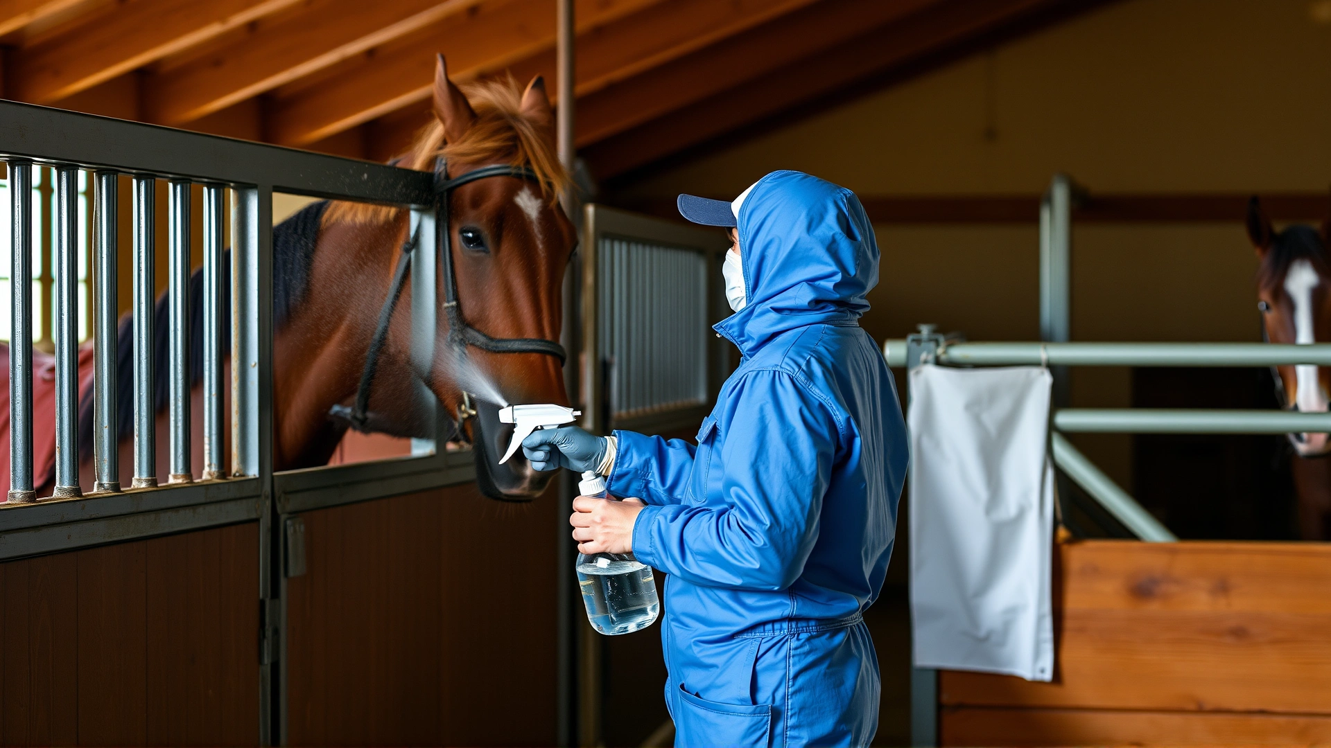 Stable worker disinfecting a stall with a spray bottle while another horse is quarantined behind a barrier.