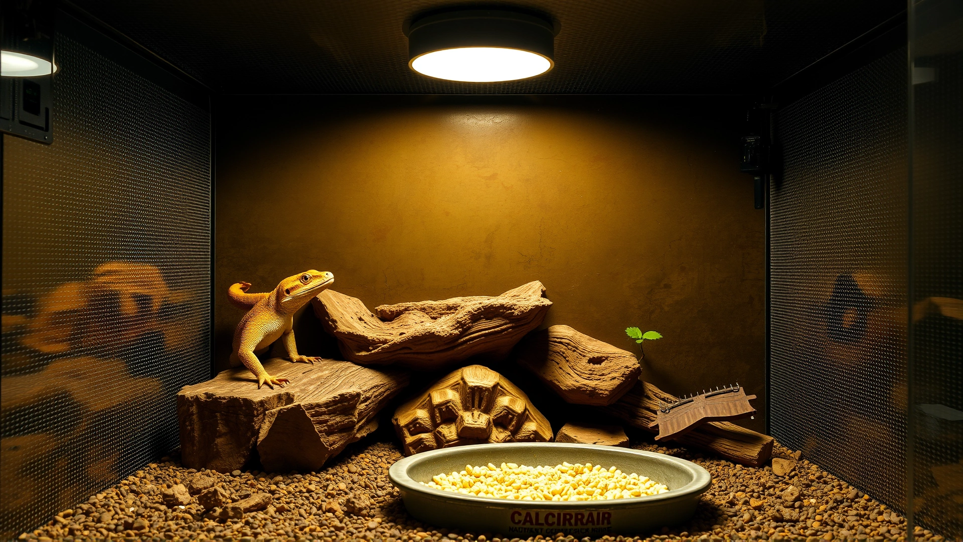 Well-designed reptile enclosure featuring proper lighting, basking spots, and calcium-rich food dish, photographed from frontal angle.