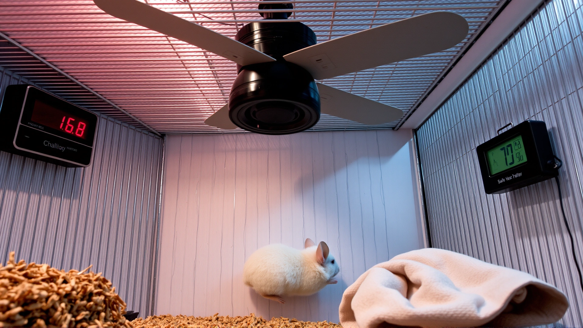 Well-ventilated chinchilla enclosure equipped with an overhead fan, digital hygrometer showing safe humidity, and a frozen water bottle wrapped in a cloth nearby