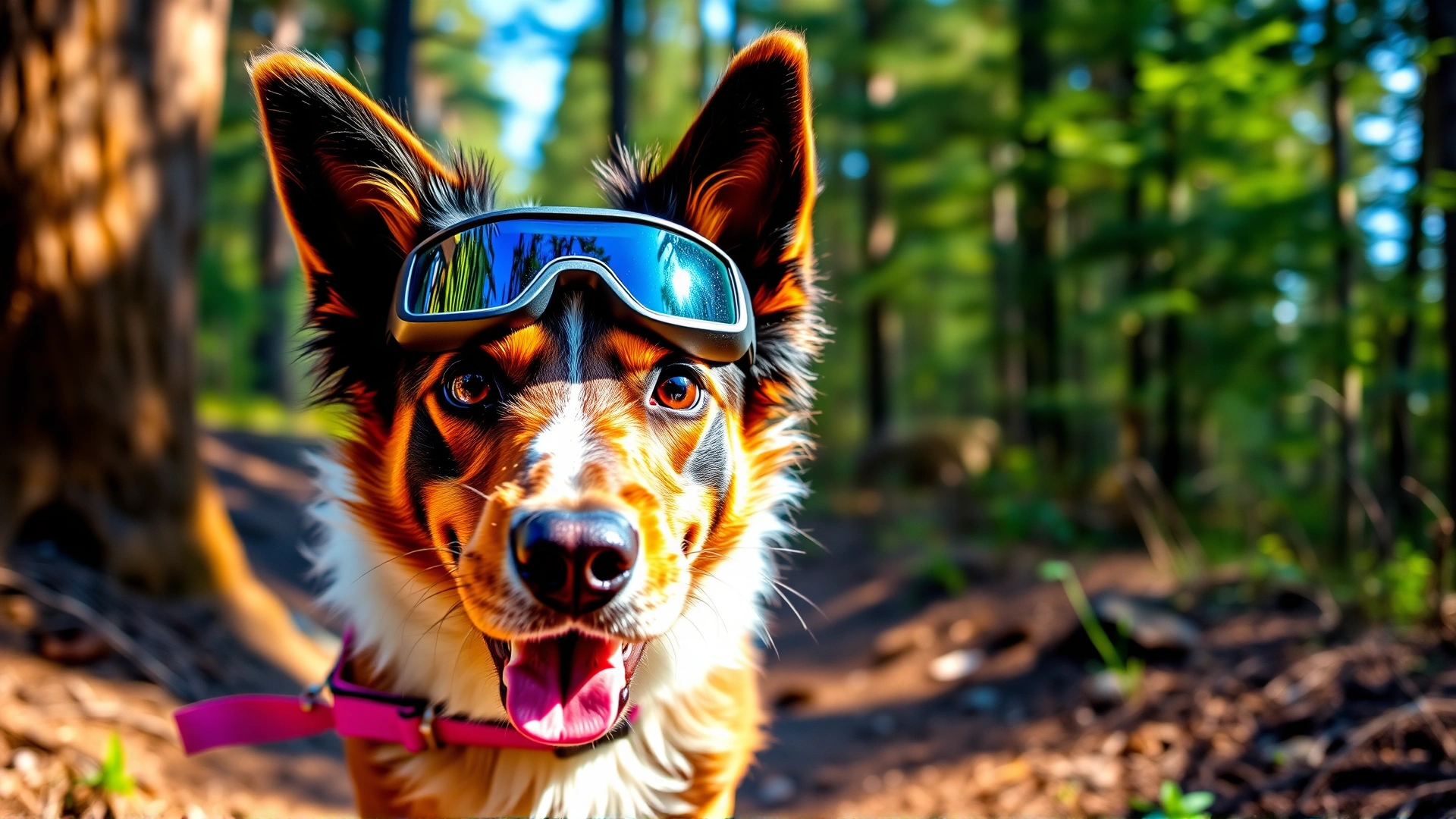Playful medium-sized dog wearing protective dog goggles while hiking on a sunny forest trail. Vibrant colors, action shot.