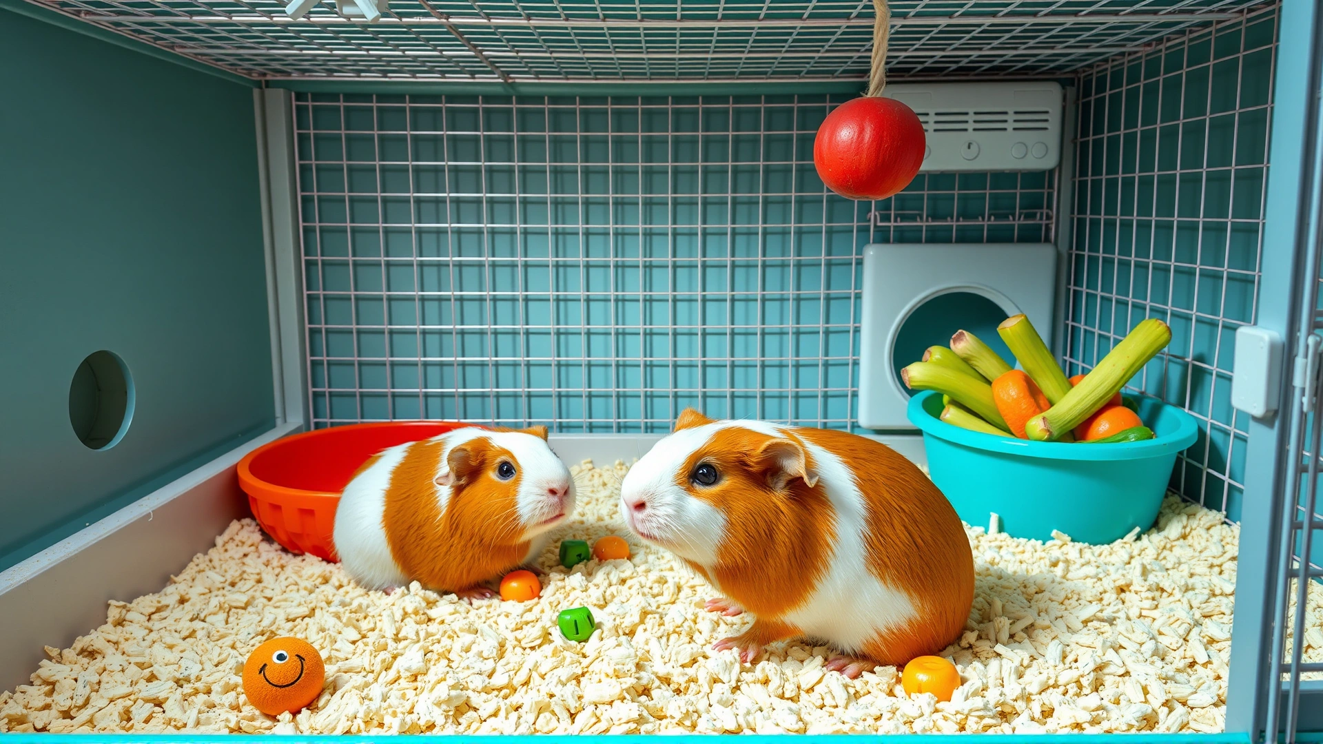 Clean, spacious guinea pig cage with fresh bedding, chew toys, and a bowl of colorful vegetables, brightly lit.