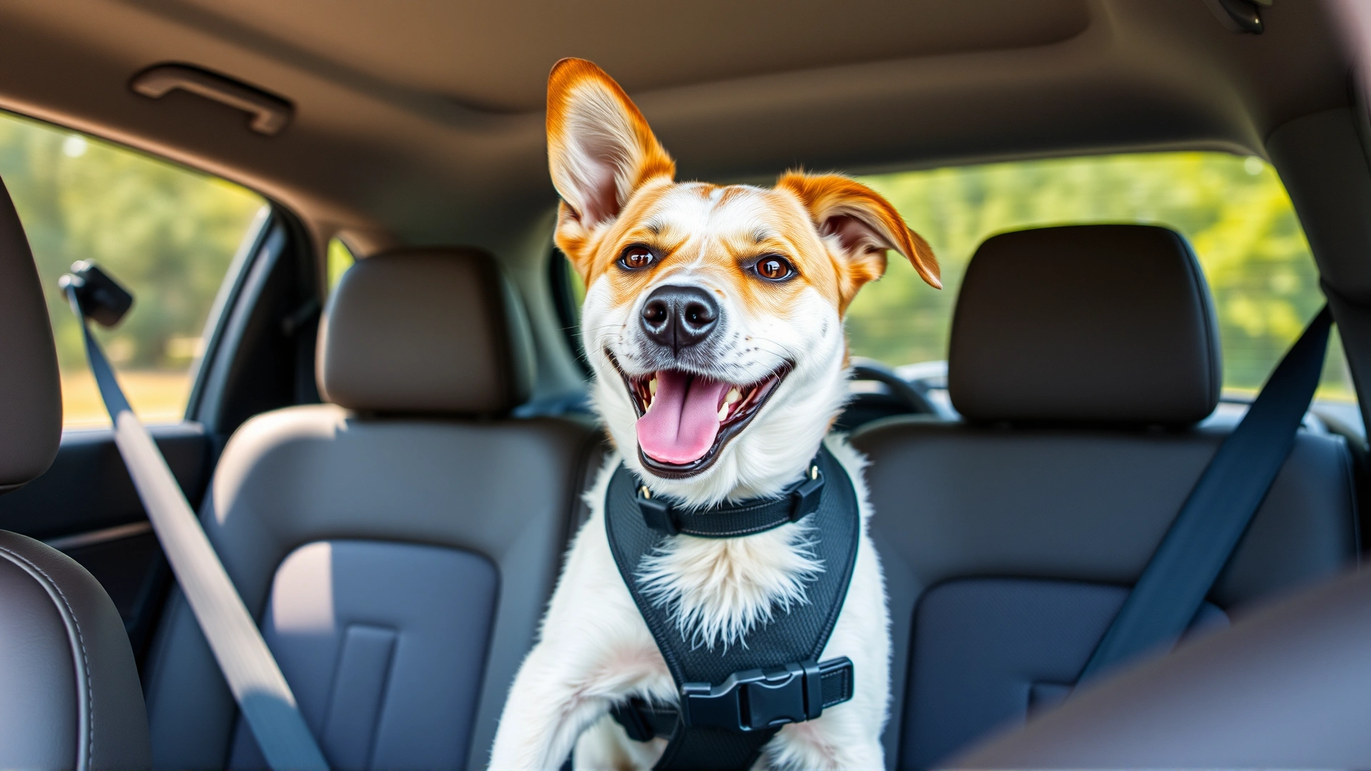 Happy dog secured with a seat belt harness in the back seat of a car during daylight travel, safety concept