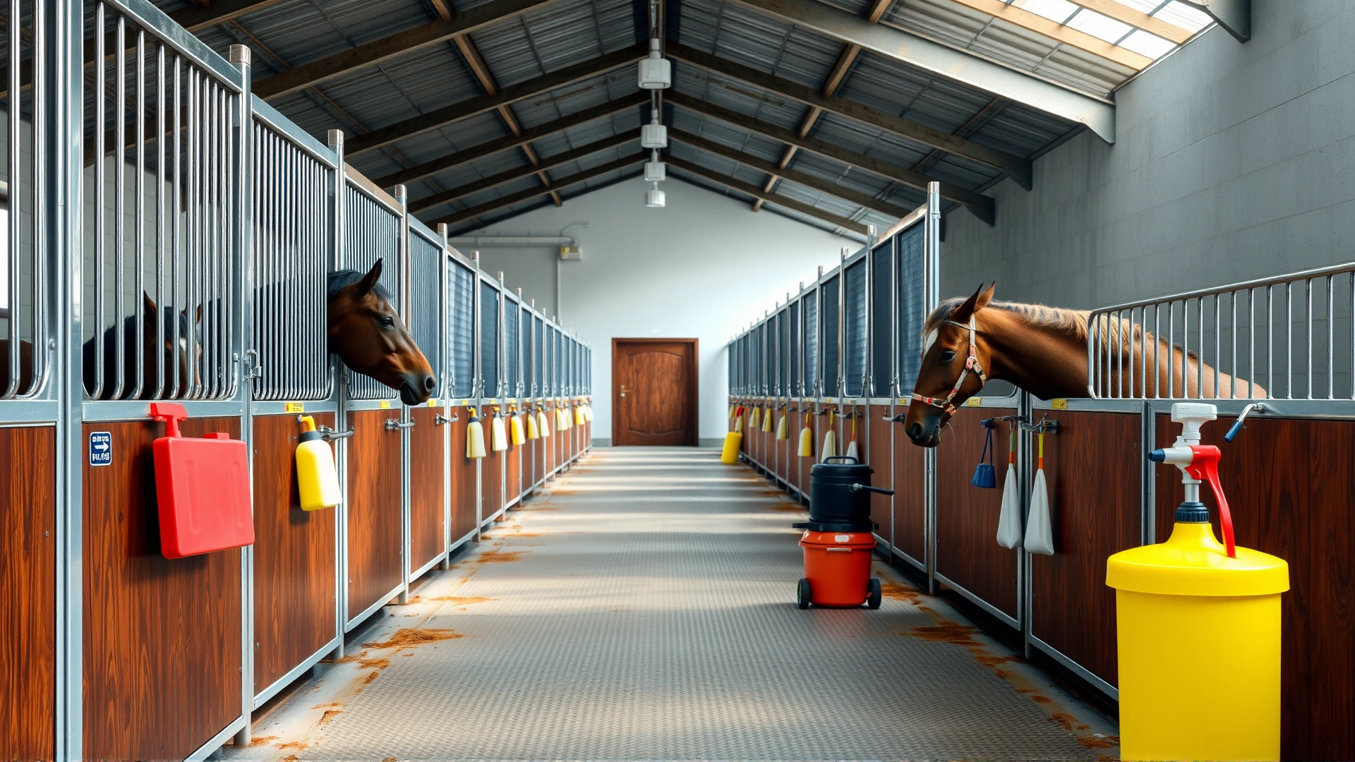 Clean stable aisle with separated stalls and disinfectant tools in view, representing good biosecurity practices.