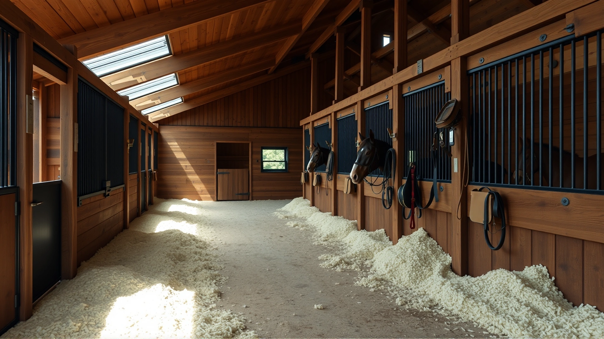 Clean and airy horse stable interior with fresh bedding, proper ventilation, and organized tack, illustrating good husbandry