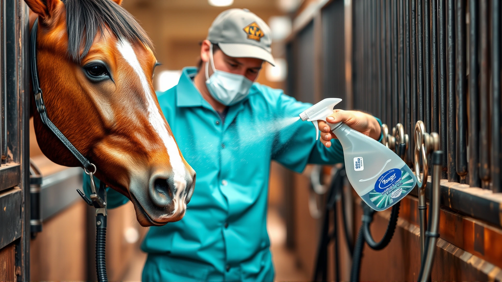 Stable worker disinfecting horse grooming tools using a spray bottle, illustrating biosecurity measures.