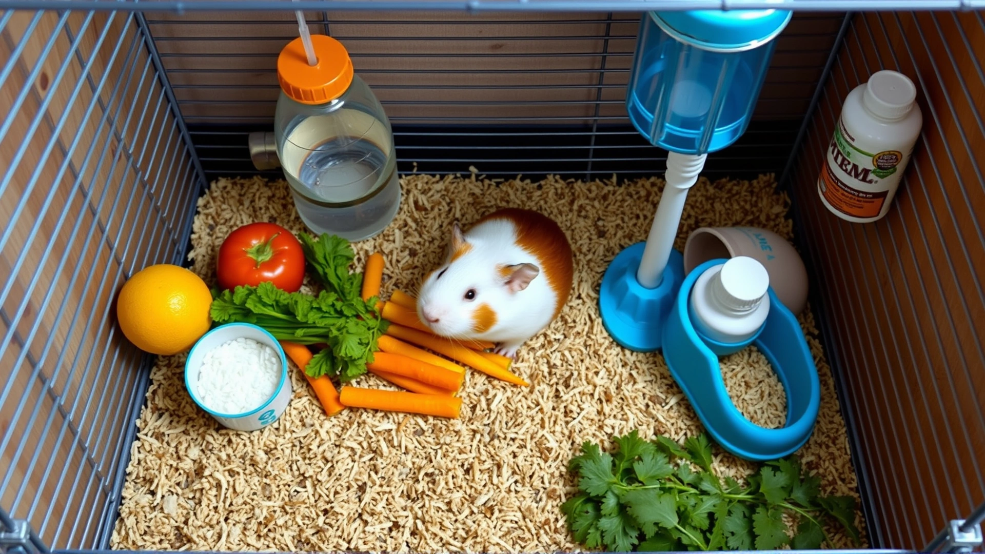 Well-ventilated guinea pig cage setup with water bottle, fresh vegetables, vitamin C supplement, and dust-free bedding, top-down view