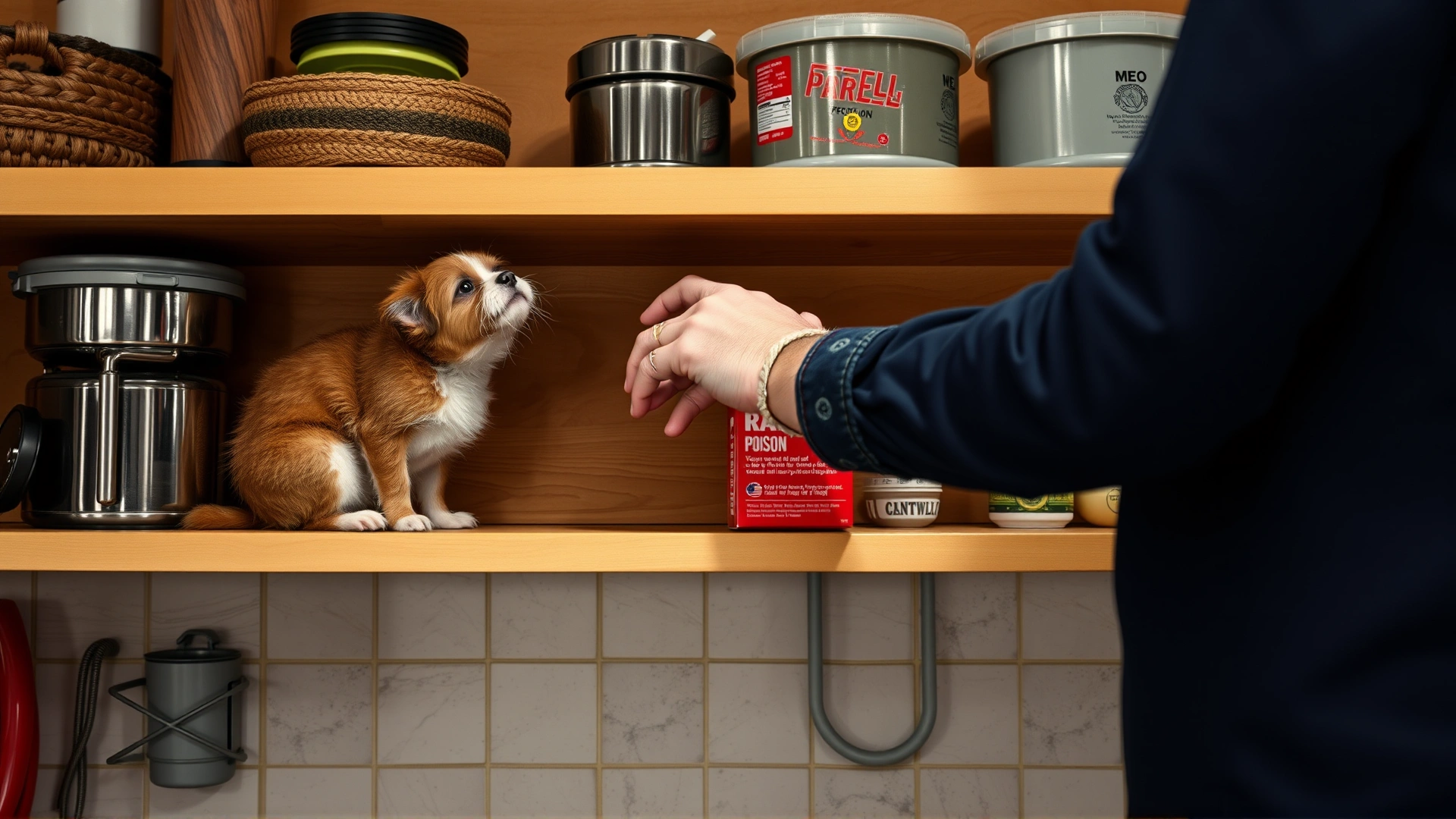 Pet owner placing a box of rat poison on a high locked shelf out of reach of pets, kitchen or garage setting