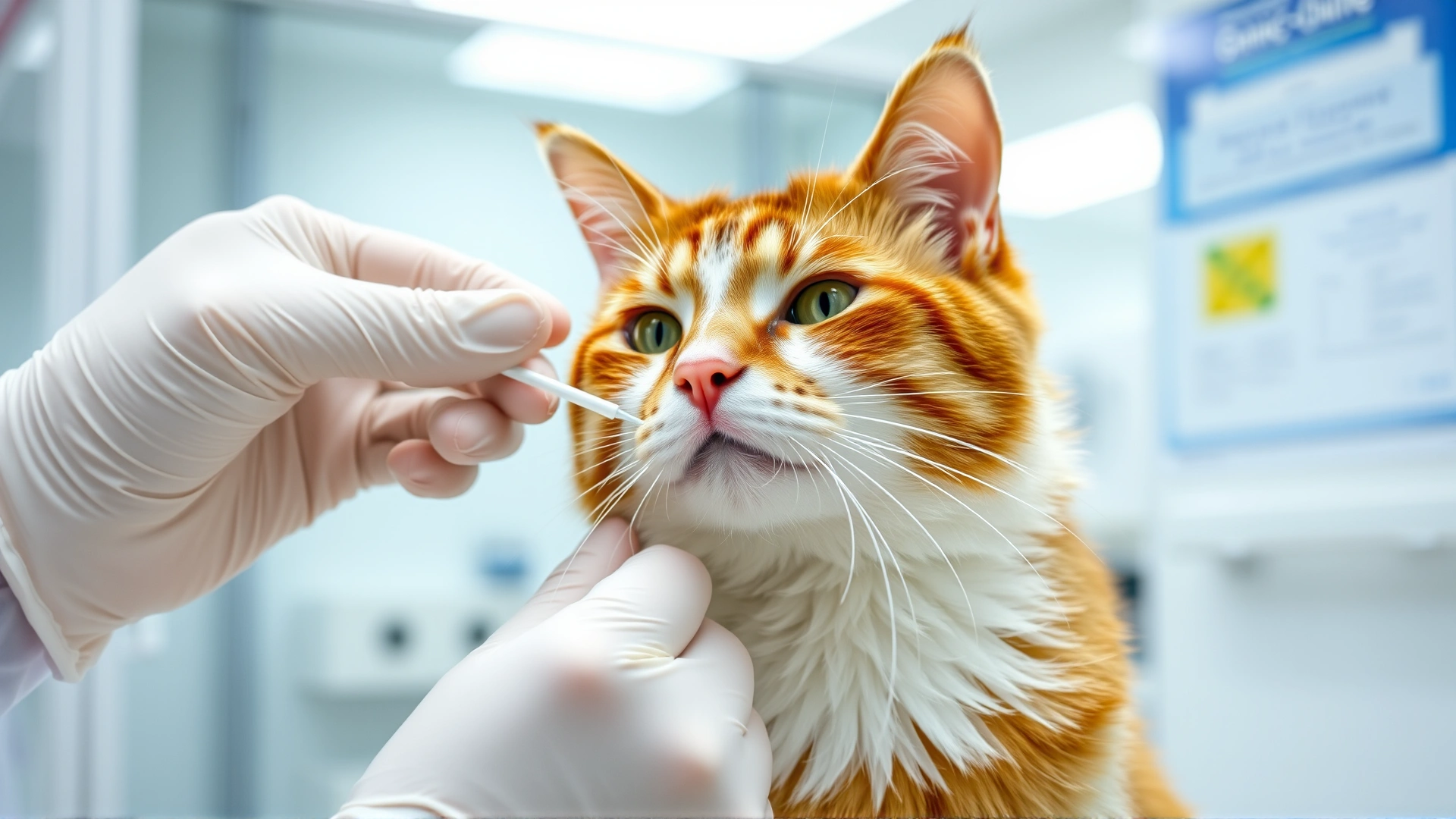 Breeder wearing gloves collecting a cheek swab from a calm purebred cat inside a clean genetics testing facility.