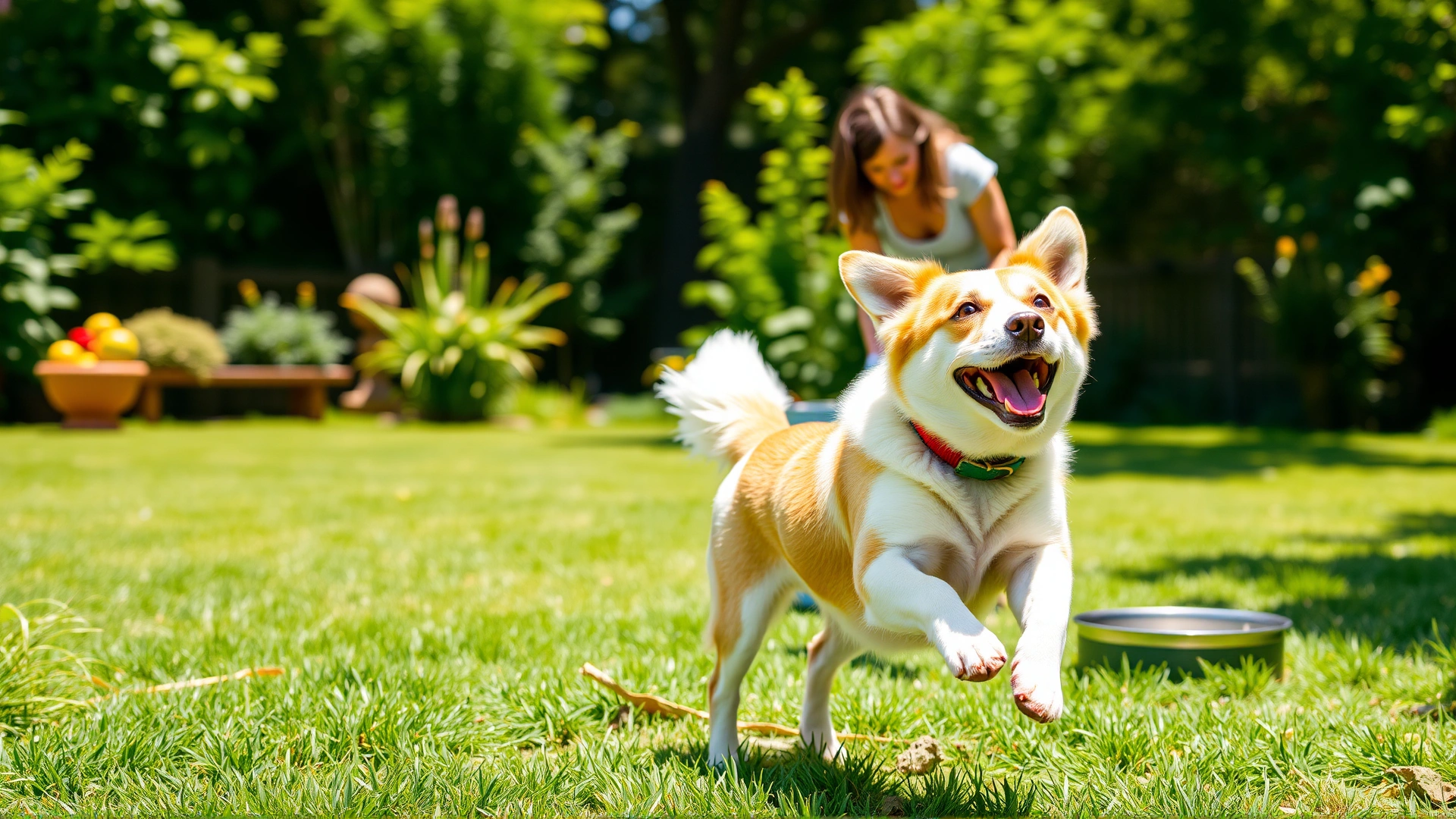 Happy dog playing in a clean green backyard while the owner cleans food and water bowls in the background; sunny day, lifestyle photography, high resolution