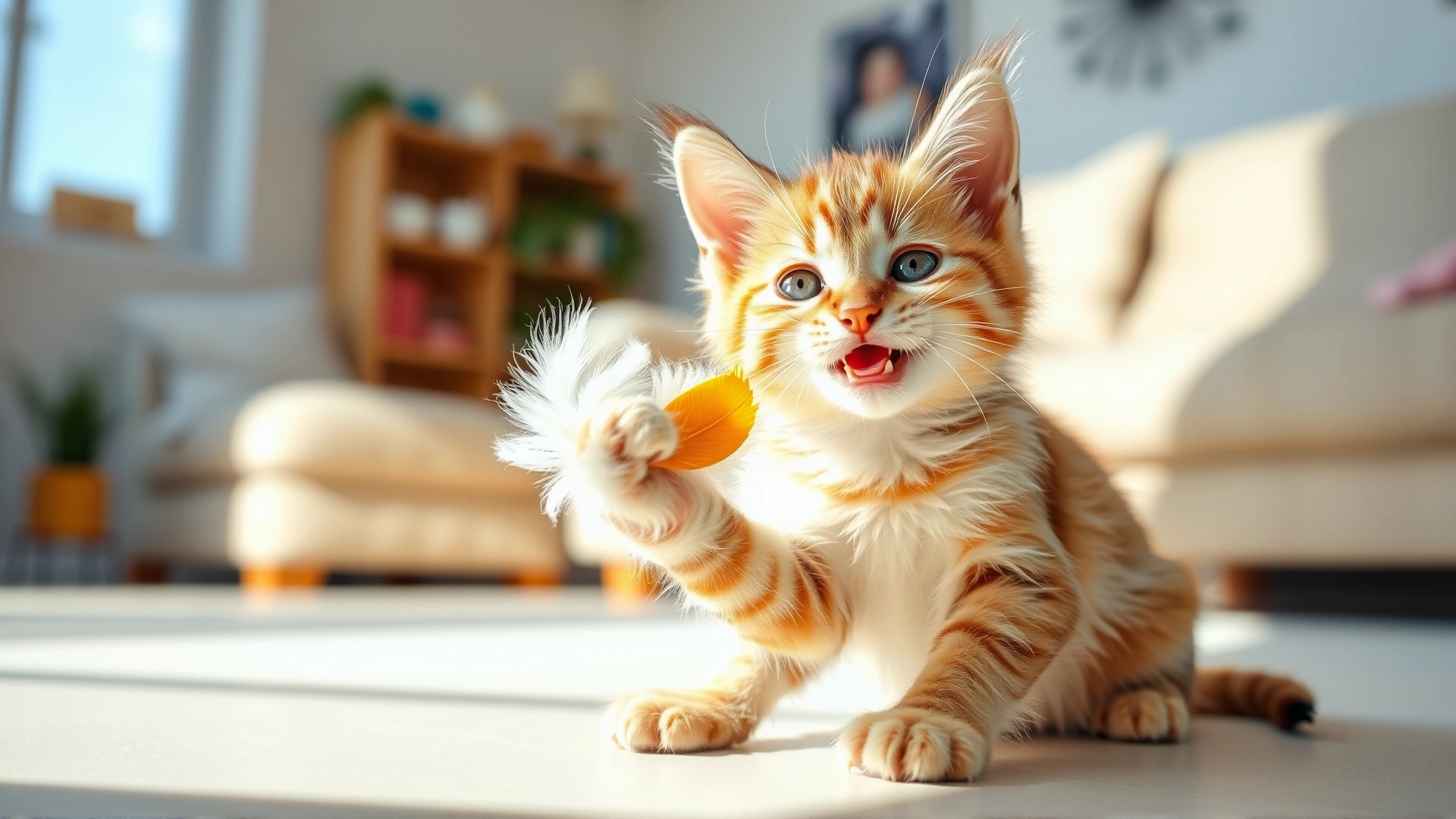 Happy, healthy kitten playing with a feather toy in a sunlit, spotless living room to represent good preventive care.