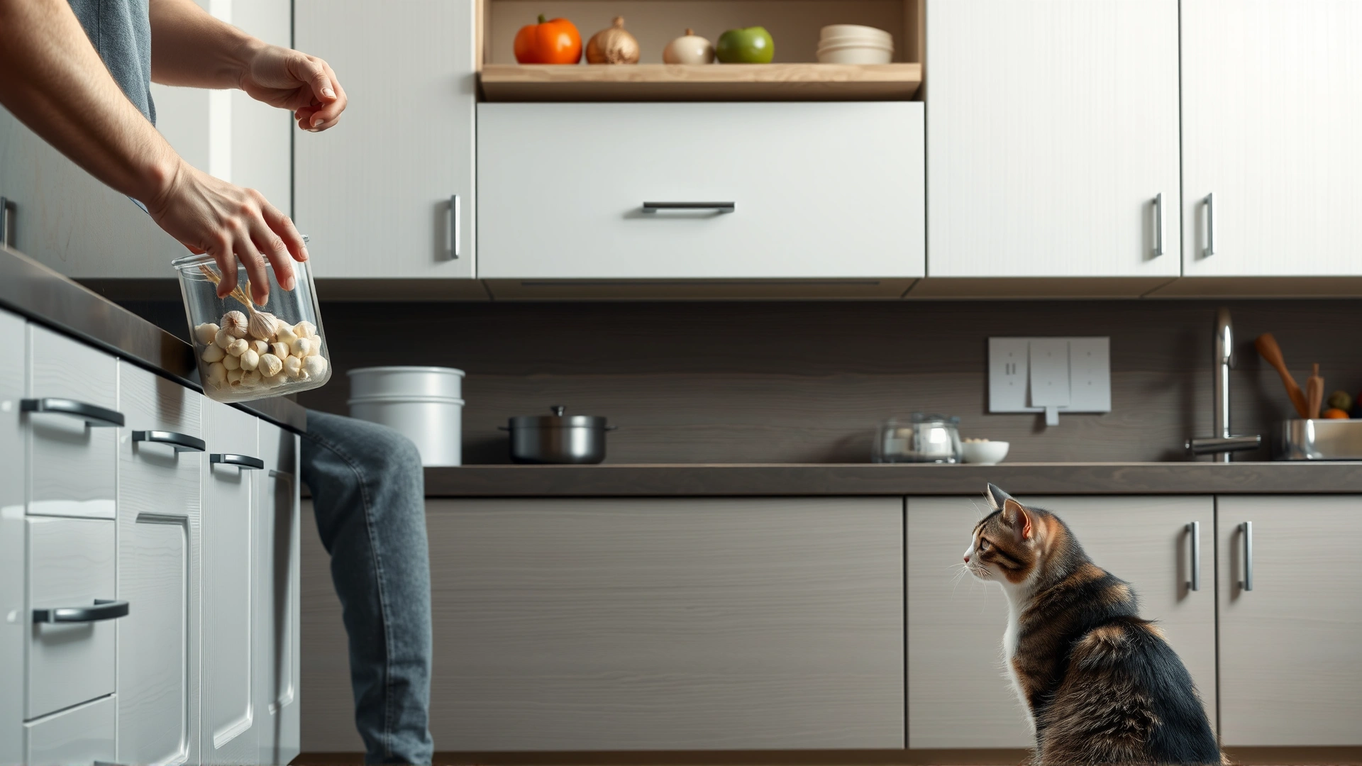 Pet owner placing garlic and onions into a wall-mounted sealed container in a modern kitchen while a curious cat watches from the floor, no text